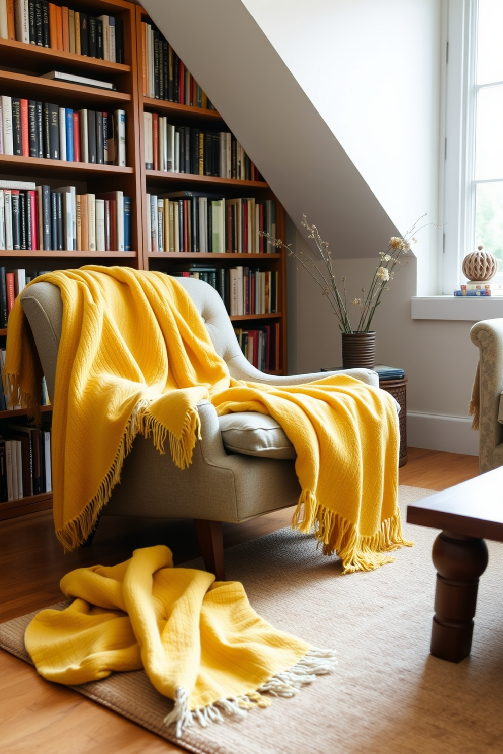 A cozy home library featuring soft yellow throw blankets draped over a plush reading chair. The walls are lined with bookshelves filled with an array of books, and a warm, inviting rug lies beneath a wooden coffee table.