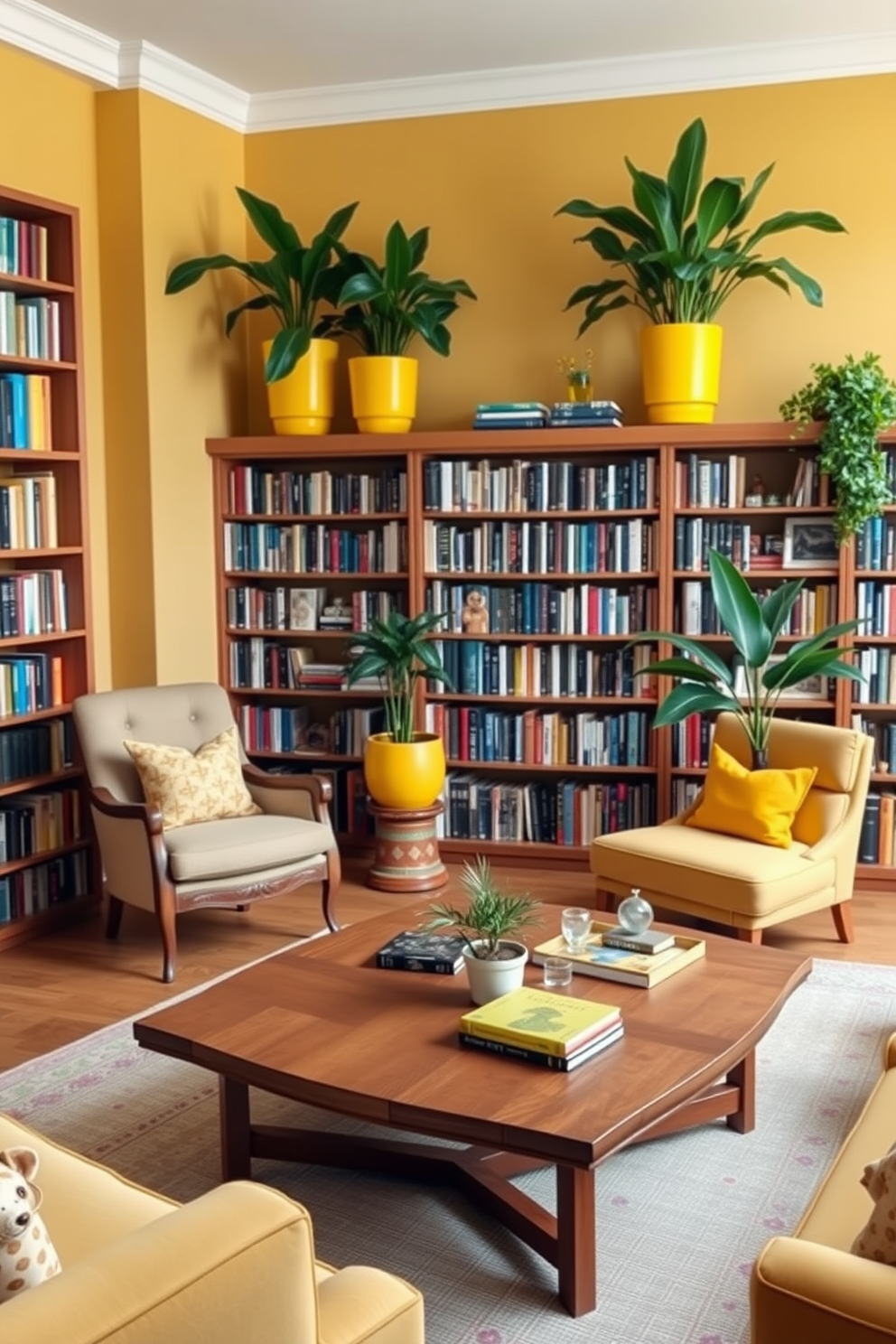 A cozy home library featuring yellow planters that bring a touch of nature indoors. The room is filled with bookshelves lined with an array of books, and a comfortable reading nook with a plush armchair in a soft fabric. The walls are painted in a warm neutral tone to complement the vibrant yellow planters. A wooden coffee table sits in the center, adorned with a few carefully selected decorative items and a small potted plant.