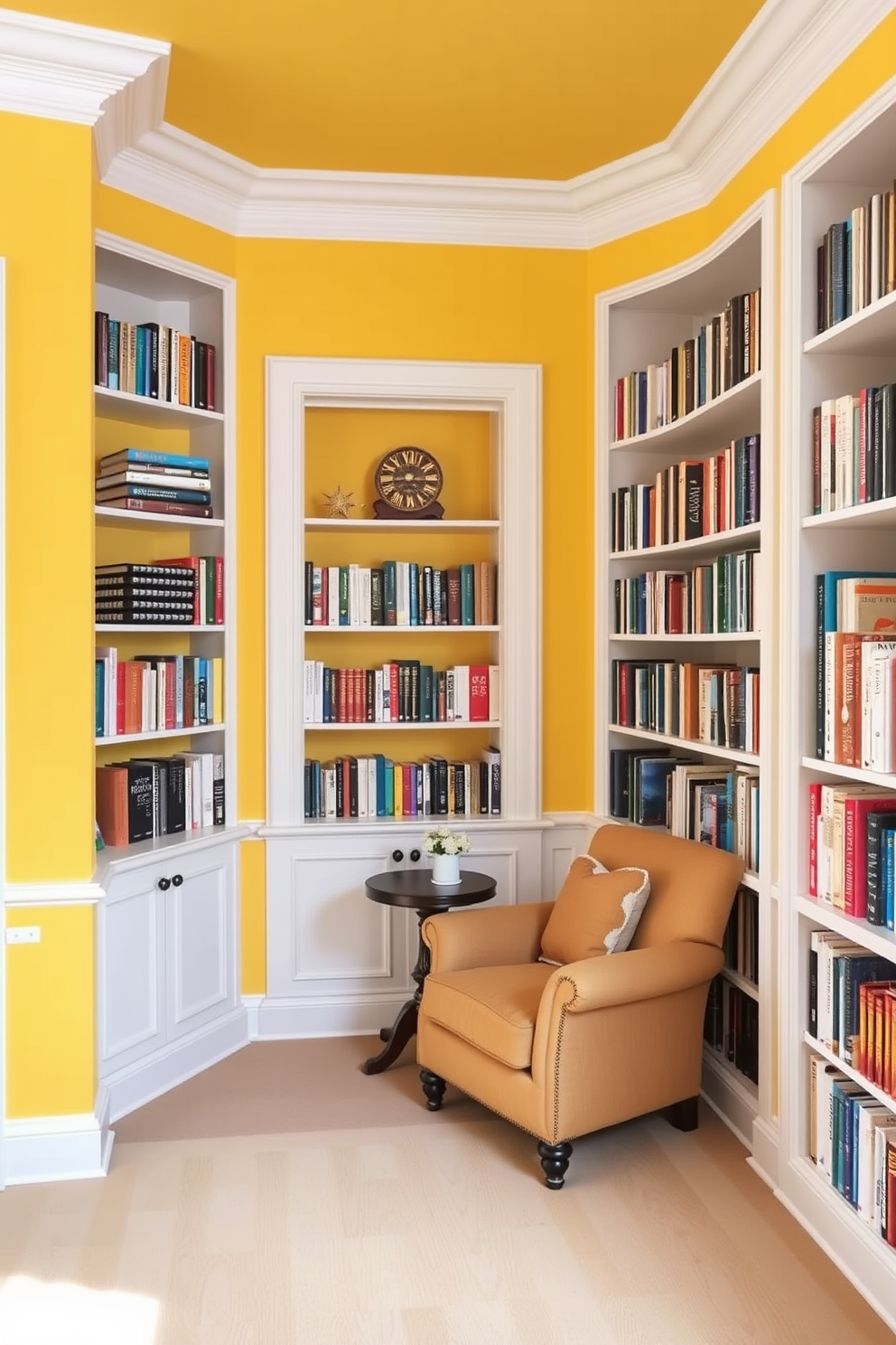 A cozy home library with sunshine yellow walls that radiate warmth and positivity. The white trim adds a crisp contrast, enhancing the cheerful atmosphere of the space. Bookshelves line the walls, filled with a diverse collection of books in various colors and sizes. A comfortable reading nook features a plush armchair and a small side table, perfect for enjoying a cup of tea.