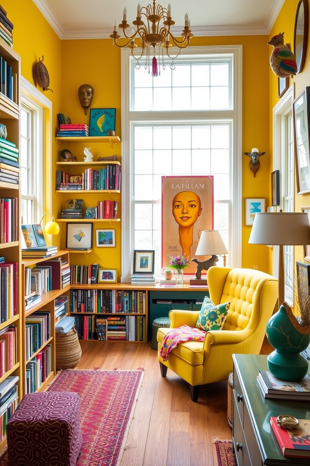 An eclectic home library filled with vibrant yellow decor. The walls are painted a cheerful shade of yellow, adorned with mismatched shelves holding a variety of books and quirky decorative items. A cozy reading nook features a plush yellow armchair and a colorful patterned throw blanket. Large windows allow natural light to flood the space, highlighting the unique art pieces and eclectic furnishings throughout the room.