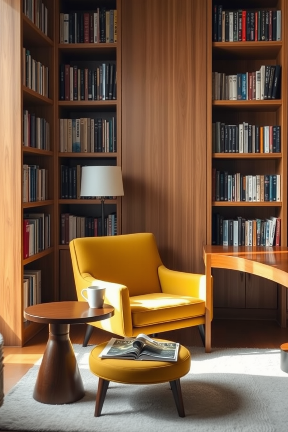 A cozy home library featuring a yellow armchair positioned next to a sleek wooden desk. The walls are lined with bookshelves filled with an array of books, and a soft rug anchors the space beneath the chair. Natural light pours in from a nearby window, illuminating the warm tones of the wood and the vibrant yellow of the armchair. A small side table next to the armchair holds a cup of coffee and a stack of magazines, inviting relaxation and reading.