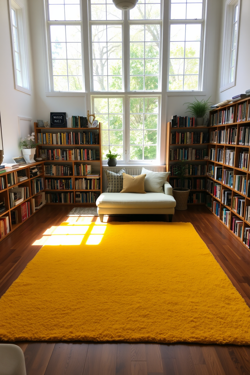 A cheerful yellow rug is placed in the center of a cozy home library. Surrounding the rug are shelves filled with colorful books and a comfortable reading nook with plush seating. The walls are painted in a soft white to enhance the bright atmosphere. Large windows allow natural light to flood the space, creating an inviting and warm environment for reading.