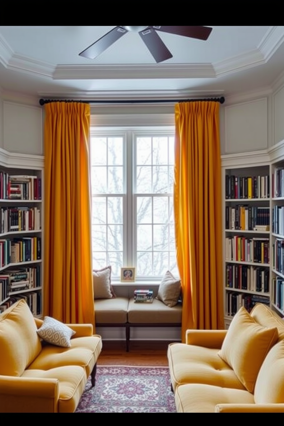 A cozy home library featuring yellow curtains that add a vibrant pop of color to the space. The walls are lined with built-in bookshelves filled with an array of books, and a comfortable reading nook with plush seating is positioned near a large window.