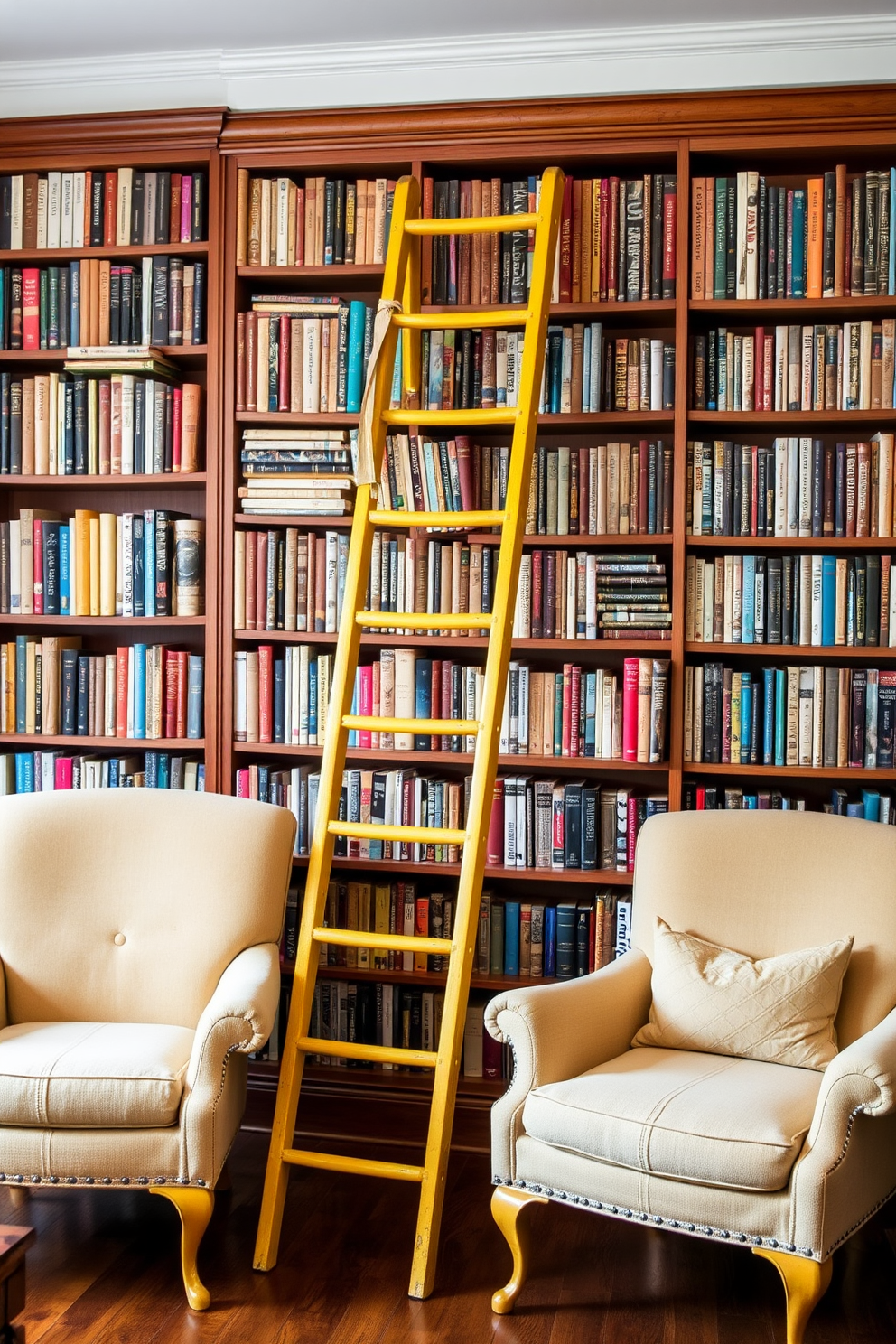 A vintage yellow ladder leans against a wall filled with shelves brimming with books in a cozy home library. The warm yellow tones of the ladder contrast beautifully with the rich wood of the shelves and the soft, inviting armchairs placed nearby.