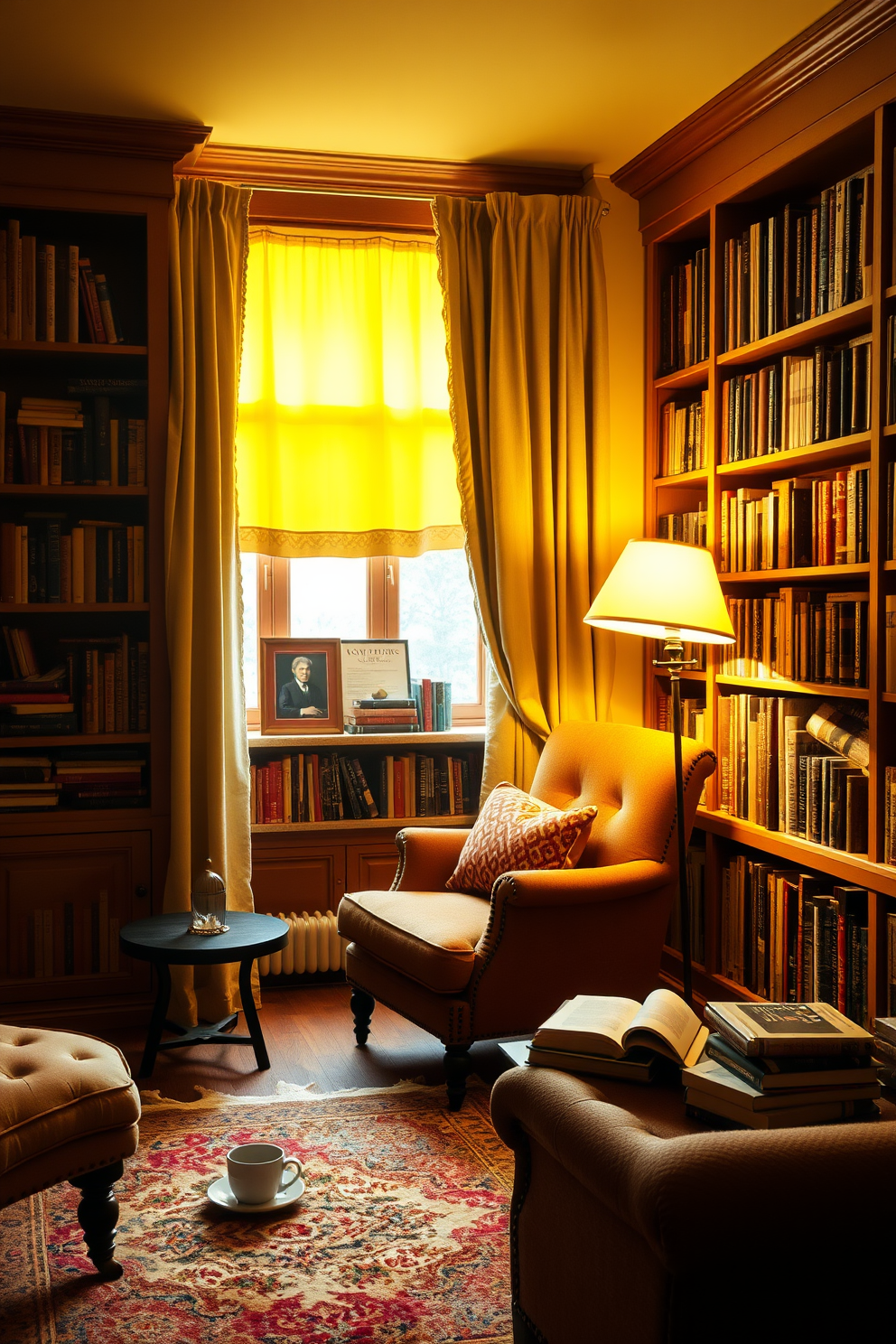 A cozy home library filled with soft yellow lighting that creates a warm and inviting ambiance. The room features built-in wooden bookshelves lined with a diverse collection of books, and a plush reading nook with a comfortable armchair and a small side table. Rich textures are incorporated through a soft area rug and layered curtains that frame the windows. A vintage floor lamp stands beside the armchair, providing additional light for reading, while a small coffee table holds a steaming cup of tea and a stack of favorite novels.