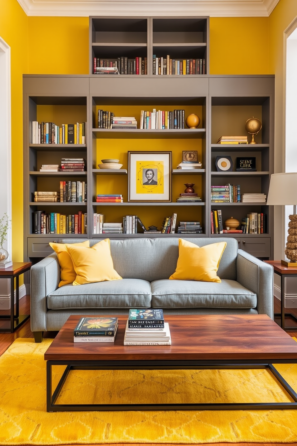 A cozy home library featuring a yellow and gray color scheme that creates a warm and inviting atmosphere. The walls are painted a soft yellow, while the shelving units are a sleek gray, filled with an array of books and decorative items. A plush gray sofa is positioned in the center, adorned with yellow throw pillows for a pop of color. A stylish yellow area rug anchors the space, complementing a wooden coffee table that holds a stack of books and a decorative lamp.