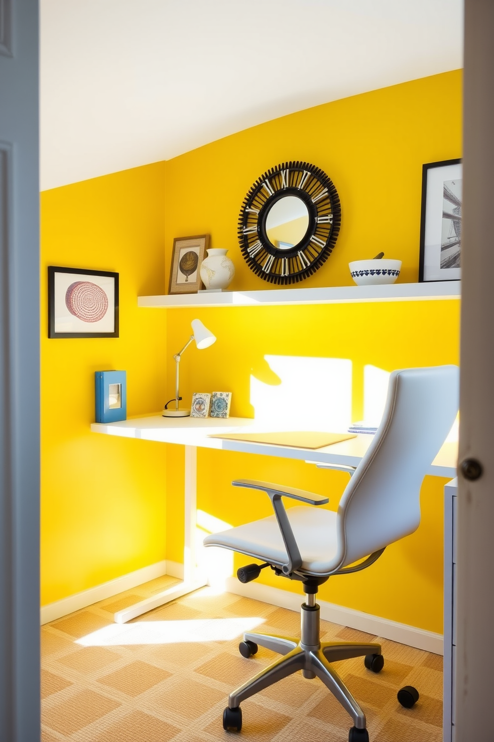 A bright yellow accent wall energizes the space, creating a vibrant backdrop for a sleek white desk. The desk is positioned to maximize natural light, complemented by a comfortable ergonomic chair and stylish decorative elements.