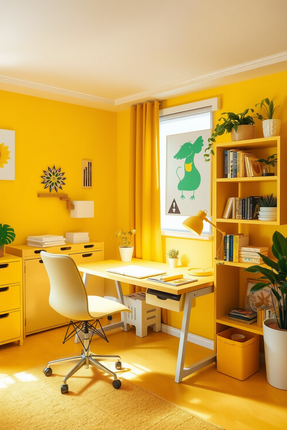 A cheerful workspace featuring a yellow desk lamp that provides warm illumination. The desk is styled with minimalistic decor and surrounded by bright, inviting colors that promote creativity and productivity. The home office is designed with yellow accents throughout, creating a vibrant and uplifting atmosphere. A comfortable chair complements the desk, while shelves filled with books and plants add a touch of personality to the space.