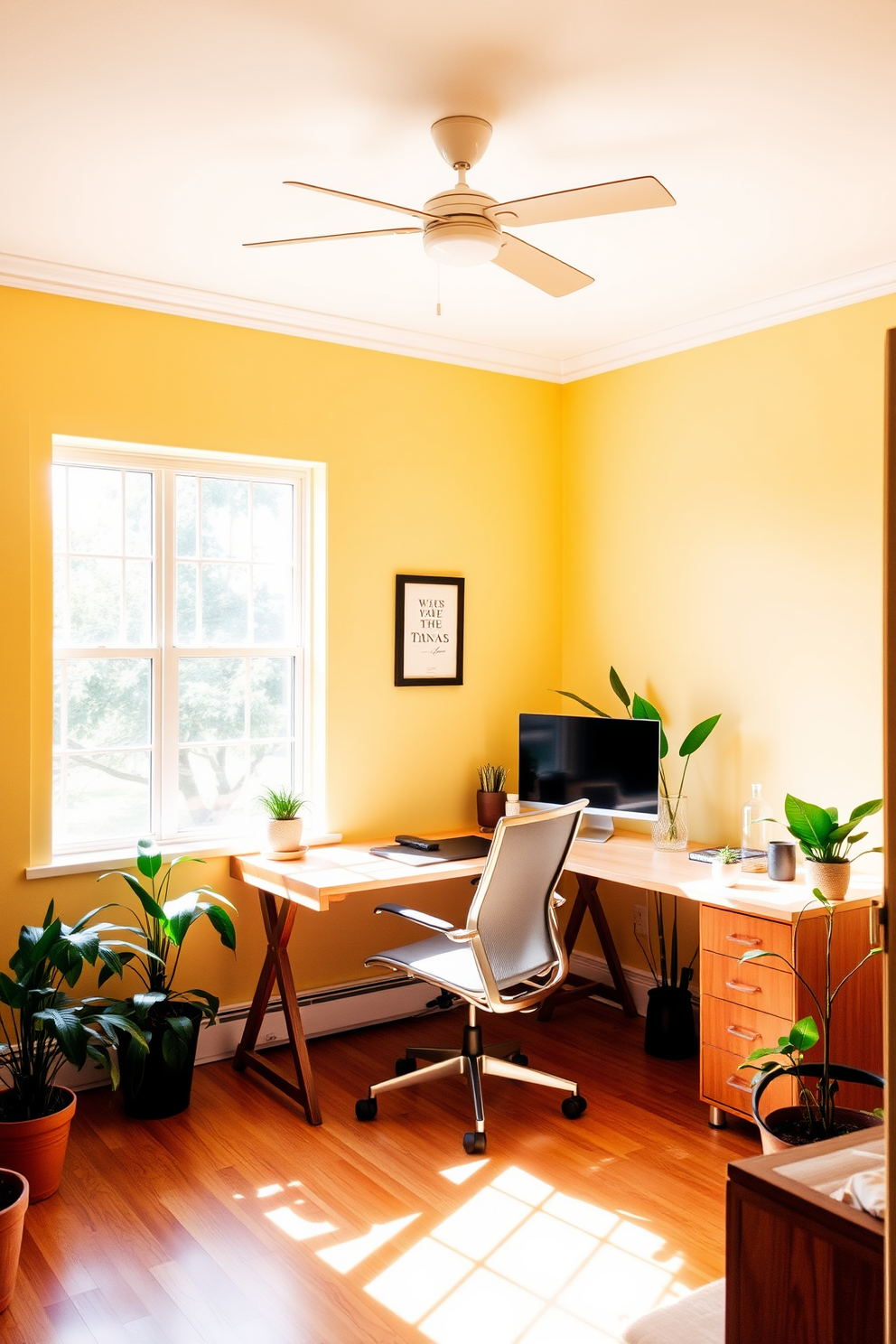 A warm and inviting home office bathed in natural light. The walls are painted a soft yellow, creating a cheerful atmosphere that enhances productivity. A sleek wooden desk sits in front of a large window, allowing sunlight to flood the space. A comfortable ergonomic chair complements the desk, and potted plants add a touch of greenery.