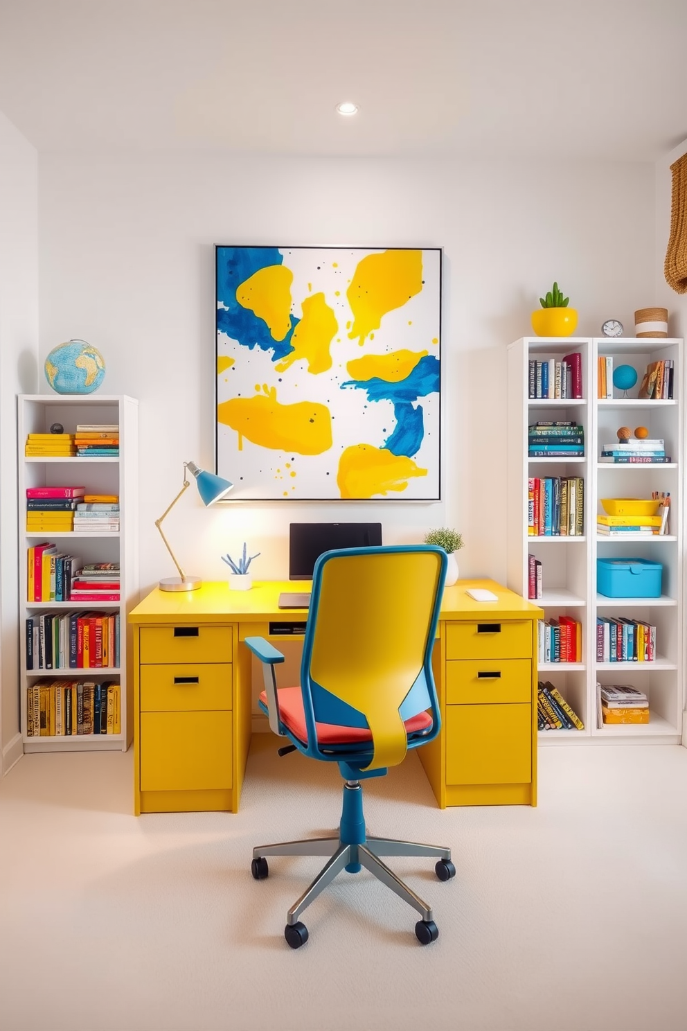 A bright and inviting home office features a large yellow desk paired with a comfortable blue ergonomic chair. The walls are painted a soft white to enhance the vibrant yellow and blue accents throughout the room. A large abstract artwork with yellow and blue tones hangs above the desk, adding a pop of color and creativity to the space. A stylish bookshelf filled with colorful books and decorative items complements the overall design, creating an inspiring work environment.