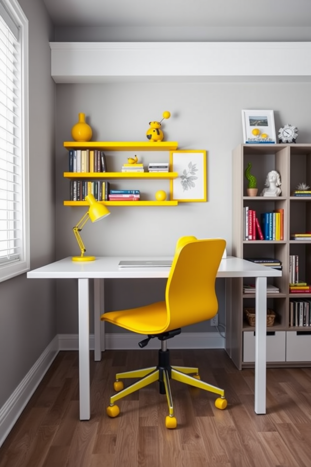 A bright yellow office chair adds a playful pop of color to the workspace. The chair is paired with a sleek white desk, creating a modern and inviting atmosphere. The walls are painted in a soft gray, providing a neutral backdrop that enhances the vibrant yellow accents. A stylish bookshelf filled with colorful books and decorative items completes the cheerful home office design.