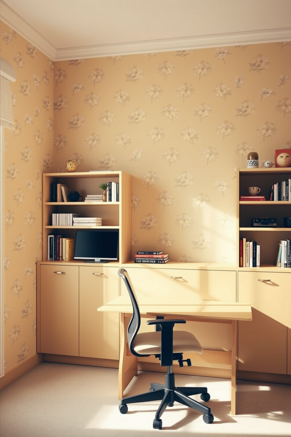 A serene home office adorned with muted yellow wallpaper featuring delicate floral patterns. The room is bathed in natural light, creating a warm and inviting atmosphere for productivity. A sleek wooden desk sits against the wall, complemented by a comfortable ergonomic chair. Shelves filled with books and decorative items add personality to the space while maintaining a cohesive design.