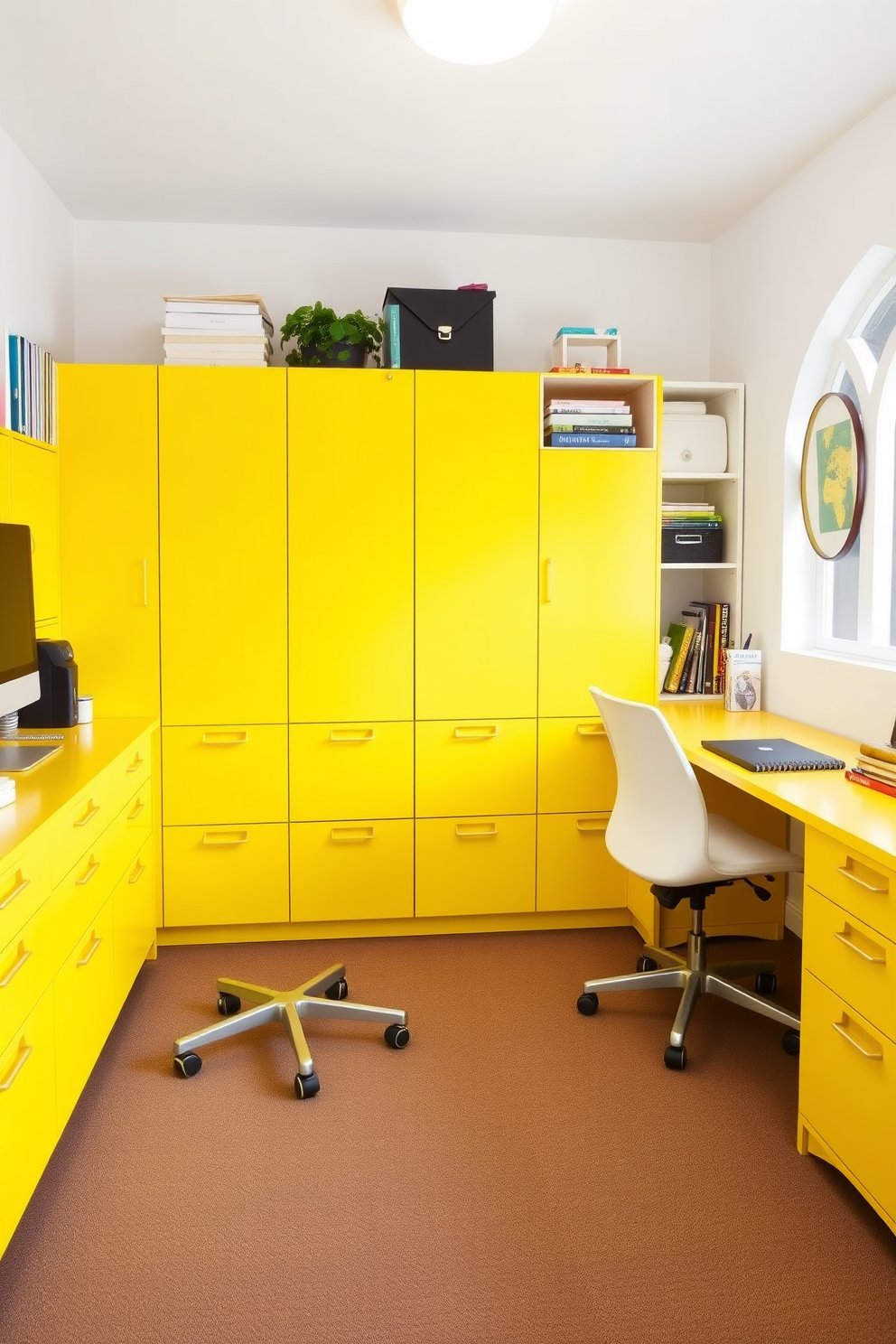 A bright and cheerful home office setting features vibrant yellow file cabinets that provide ample storage and organization. The walls are painted in a soft white, creating a fresh contrast that enhances the overall brightness of the space.