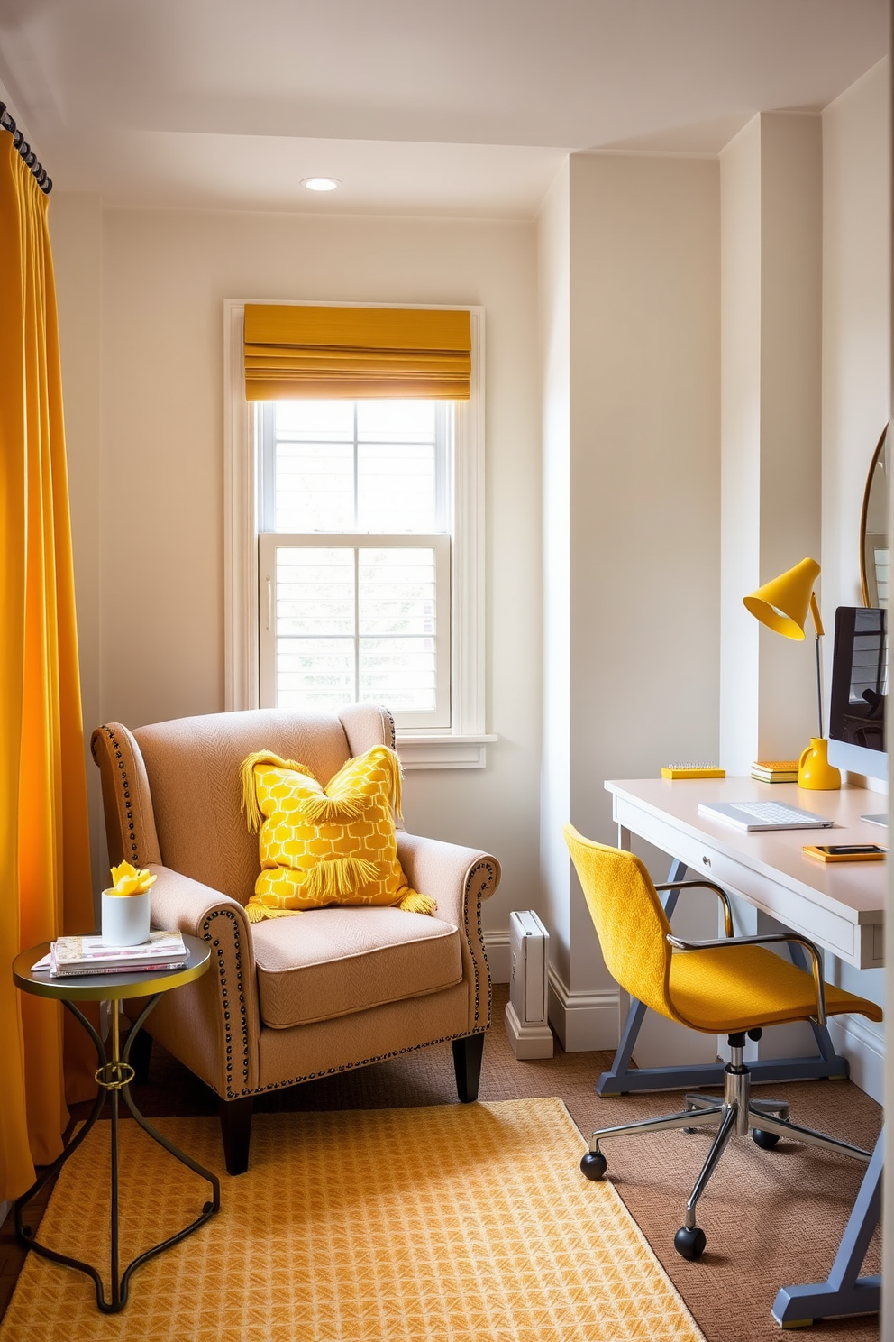 A cozy reading nook featuring a plush chair adorned with vibrant yellow throw pillows. The chair is positioned next to a small side table, creating an inviting space for relaxation. A bright and functional home office designed with cheerful yellow accents. The desk is complemented by yellow office accessories, enhancing productivity and creativity in the workspace.