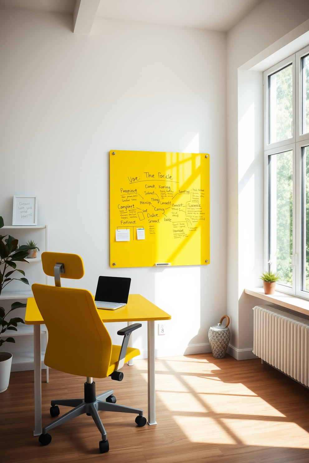 A bright yellow whiteboard is mounted on the wall, serving as a central feature for creative brainstorming sessions. The surrounding walls are painted in a soft white, creating a fresh and inspiring atmosphere. The home office features a sleek yellow desk paired with a comfortable ergonomic chair. Large windows allow natural light to flood the space, enhancing productivity and creativity.