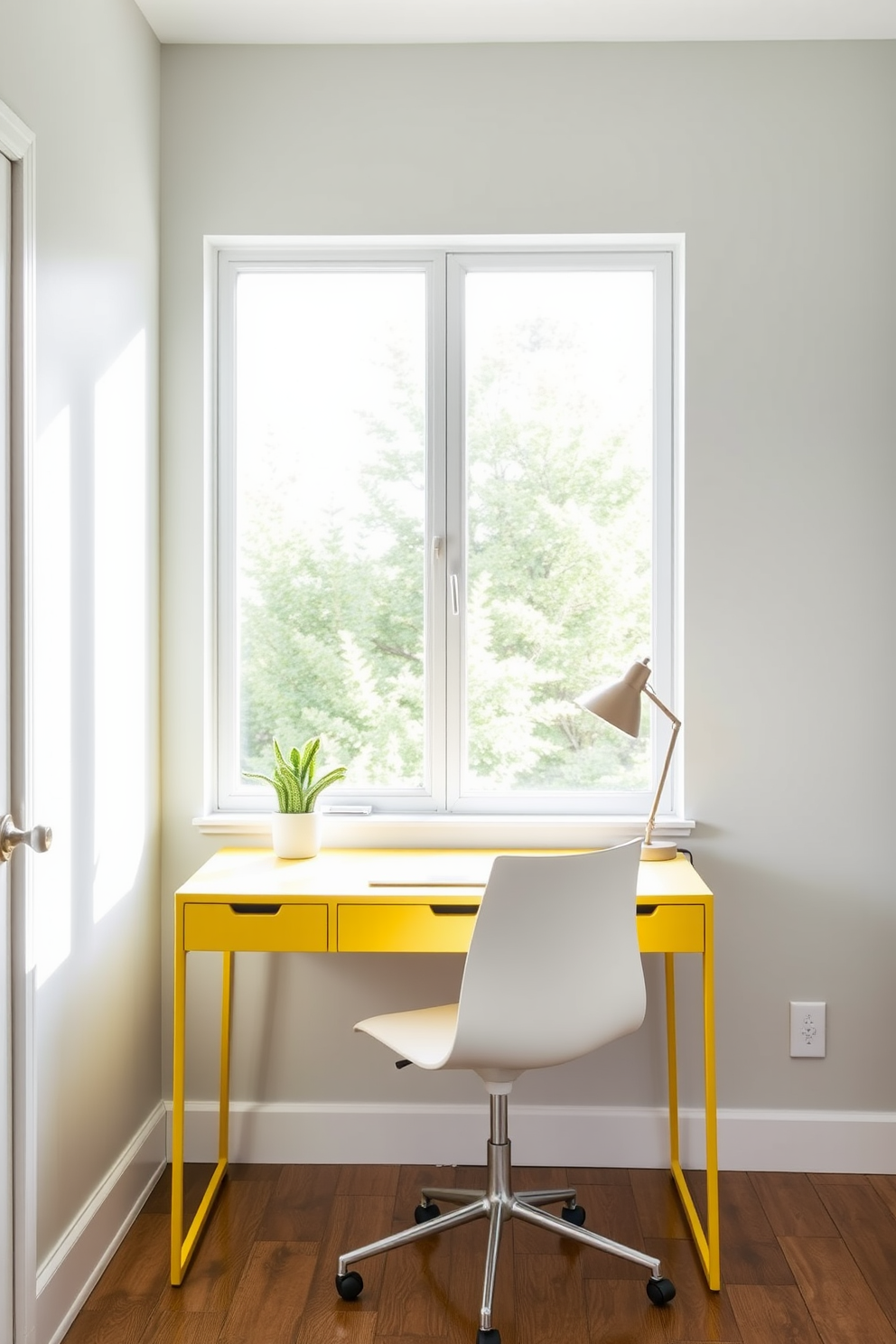 A stylish yellow desk with a minimalist design is the focal point of the home office. The desk features clean lines and is paired with a sleek white chair, creating a bright and inviting workspace. The walls are painted in a soft gray, providing a subtle contrast to the vibrant yellow desk. Natural light floods the room through a large window, enhancing the cheerful atmosphere and highlighting decorative accents like a small green plant and a modern desk lamp.