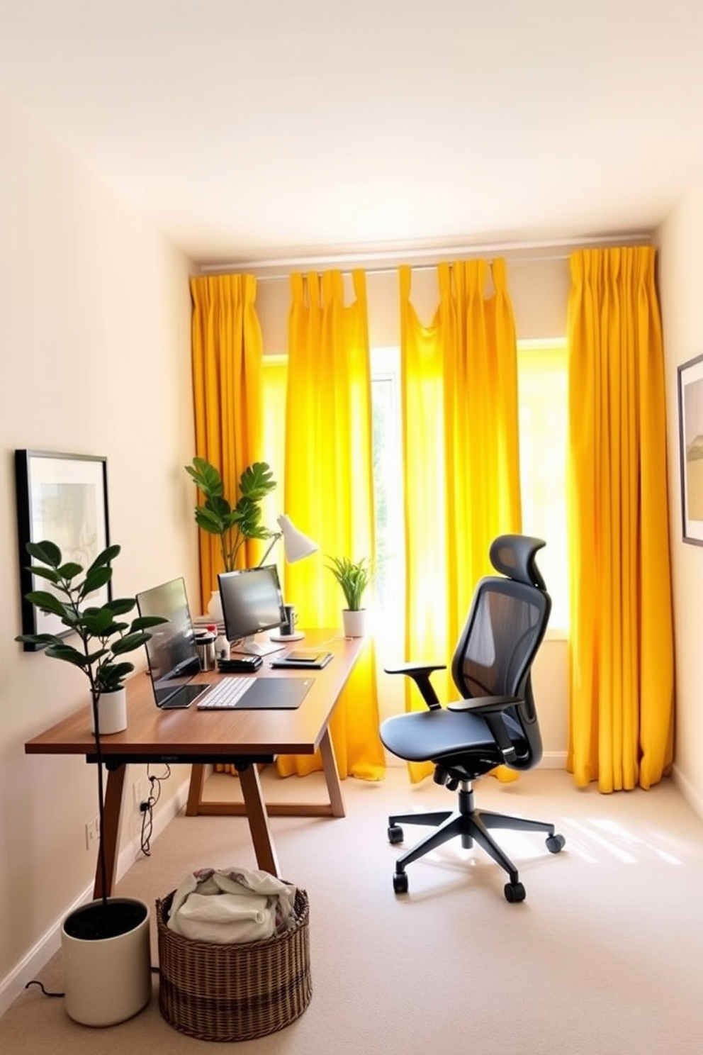 Cheerful yellow curtains frame a bright home office filled with natural light. The walls are painted in soft neutral tones, creating a warm and inviting atmosphere. A sleek wooden desk sits against the wall, adorned with modern accessories and a stylish lamp. A comfortable ergonomic chair complements the cheerful color scheme, while a potted plant adds a touch of greenery to the space.