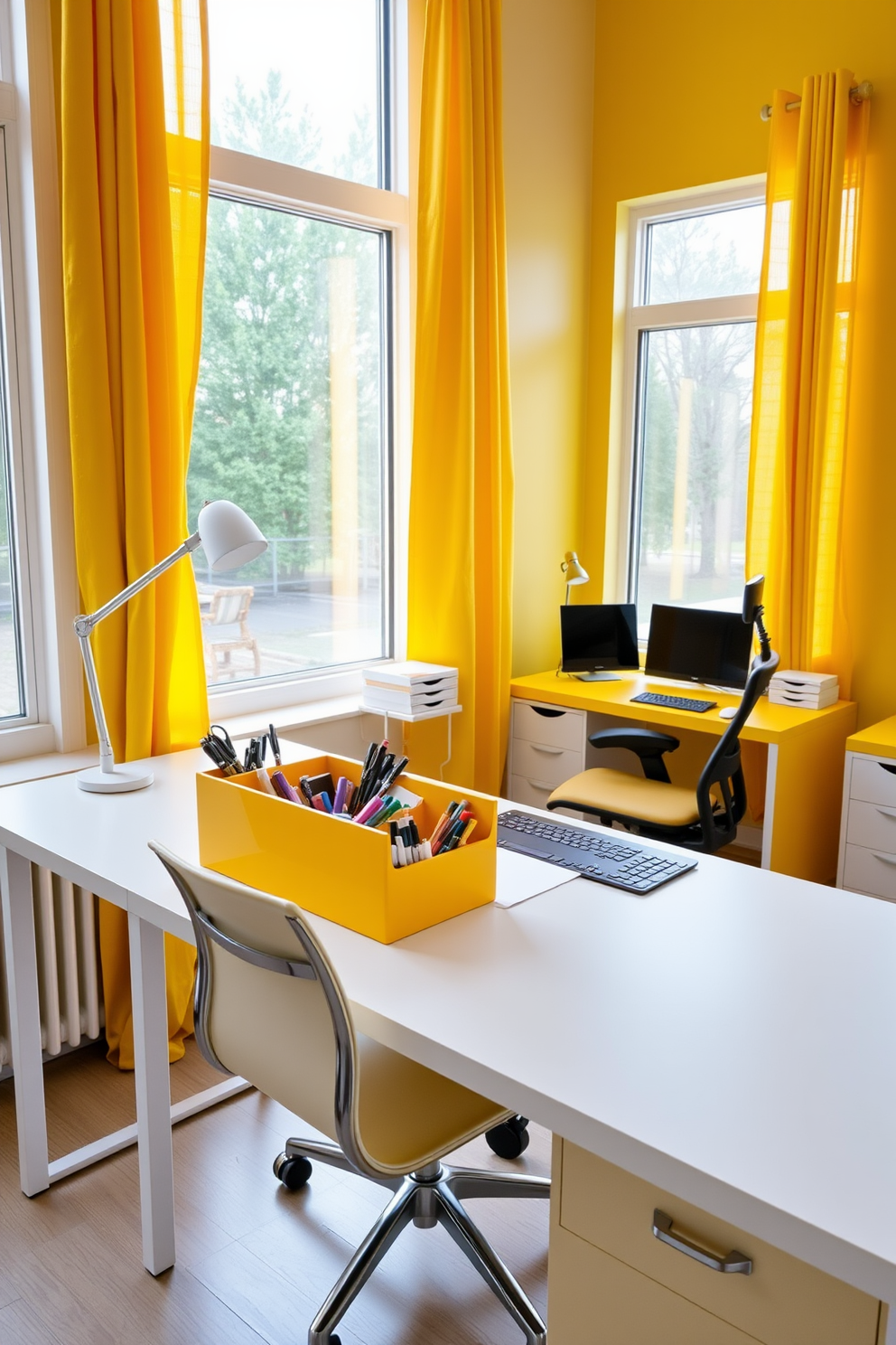 A bright yellow desk organizer sits neatly on a white desk, helping to keep pens, papers, and office supplies in order. The workspace is enhanced by a yellow accent wall, creating a cheerful and inviting atmosphere. The home office features a modern yellow desk paired with a comfortable ergonomic chair. Large windows allow natural light to flood the space, complemented by yellow curtains that add a pop of color.