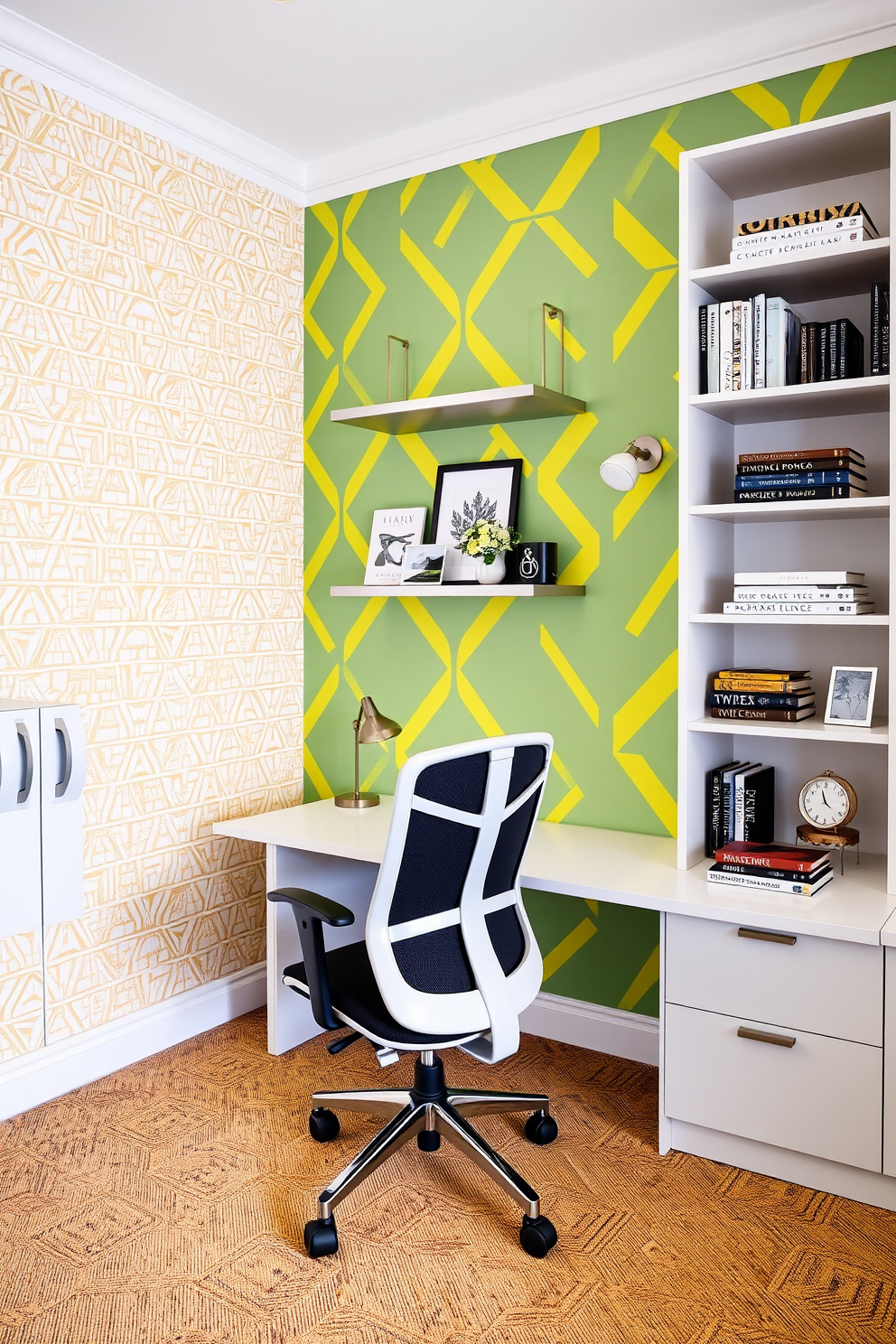 A vibrant home office featuring an accent wall adorned with bold yellow geometric patterns. The space is filled with a sleek desk and a comfortable ergonomic chair, complemented by stylish shelving units that display decorative items and books.