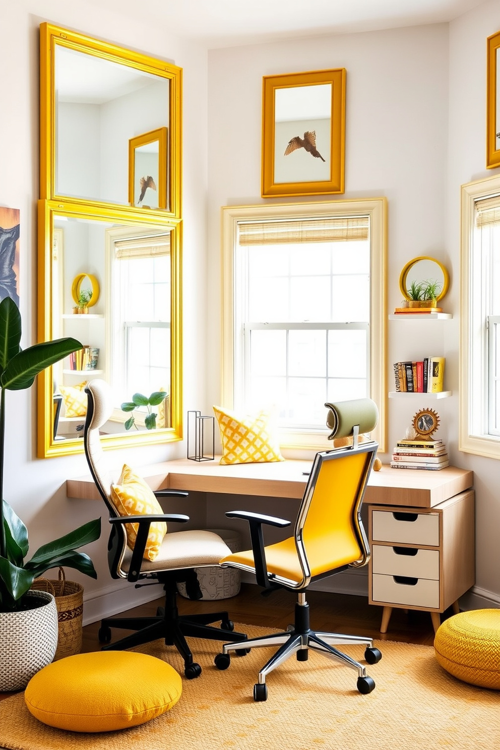 A bright and inviting home office space featuring yellow framed mirrors that reflect natural light throughout the room. The walls are painted in a soft white, with a stylish wooden desk positioned near a window, complemented by a comfortable ergonomic chair. The office is adorned with vibrant yellow accents, including decorative pillows and a cozy area rug. Shelves filled with books and plants add a touch of warmth and personality to the space.