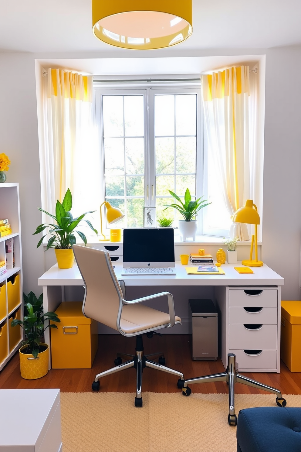 A bright and cheerful home office featuring sunny yellow desk accessories that inspire motivation and creativity. The desk is complemented by a comfortable chair, and the walls are painted in a soft white to enhance the vibrant yellow accents. Natural light floods the room through large windows adorned with sheer curtains, creating an inviting workspace. Potted plants add a touch of greenery, while stylish storage solutions maintain a clutter-free environment.