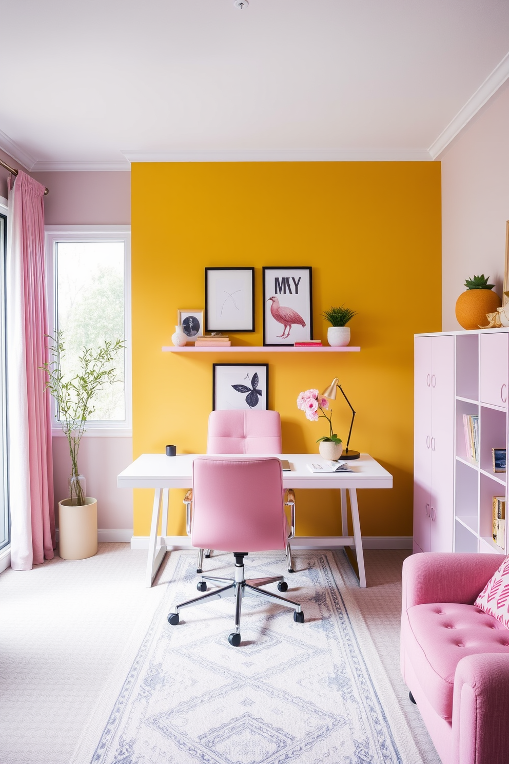 A cozy home office space featuring a vibrant yellow accent wall paired with soft pink furnishings. The desk is sleek and modern, complemented by a comfortable pink chair and decorative elements that enhance the warm atmosphere.