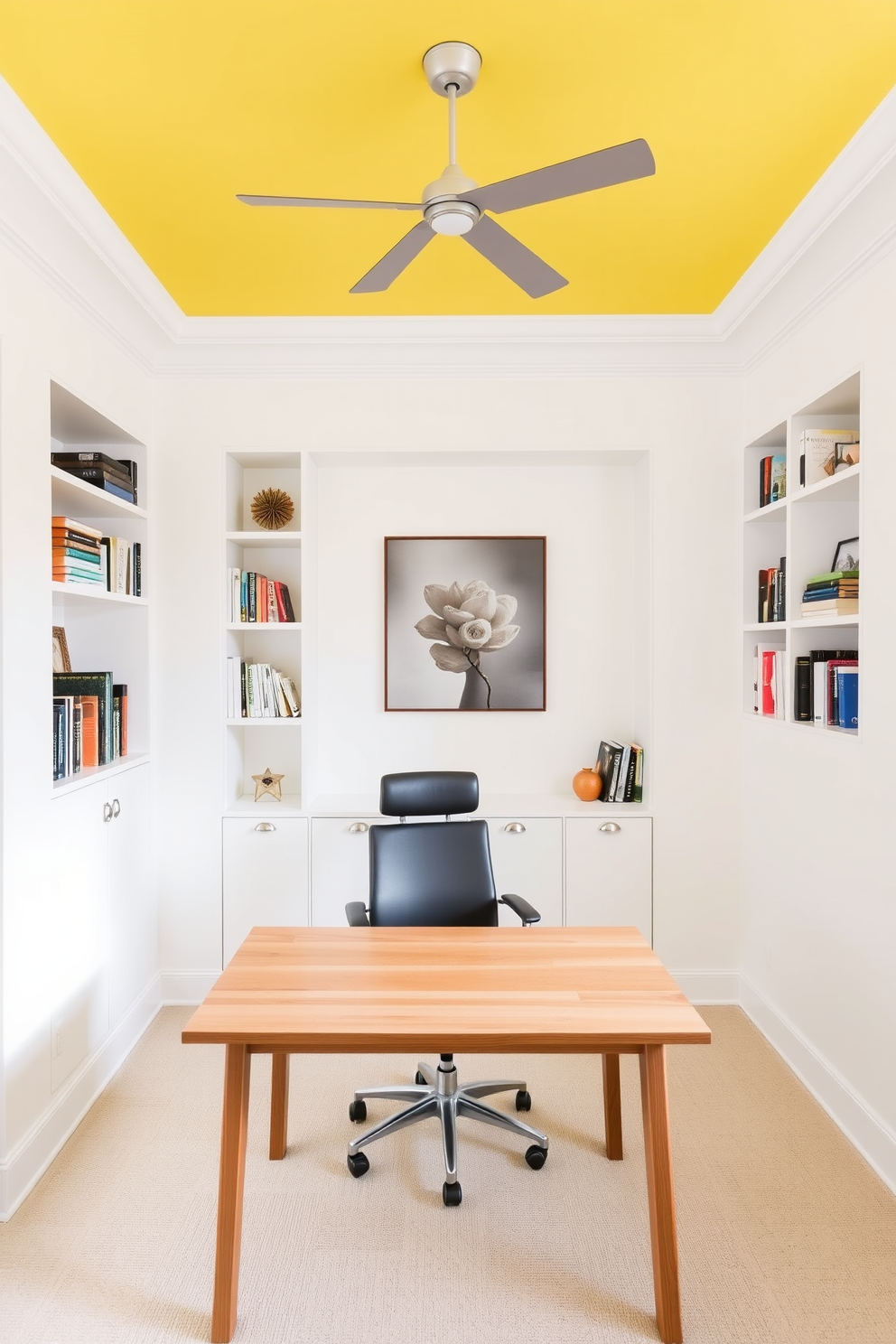 Bright yellow ceiling for a unique twist. The walls are painted in a soft white, creating a bright and airy atmosphere. A sleek wooden desk sits in the center, paired with an ergonomic chair. Shelves filled with books and decorative items line one wall, adding personality to the space.