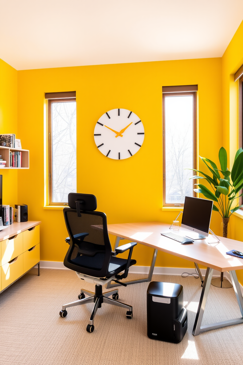 A bright yellow wall clock with a minimalist design hangs prominently on the wall, adding a pop of color to the space. Its sleek hands contrast beautifully against the vibrant yellow background, making it both functional and stylish. The home office features a cheerful yellow accent wall that energizes the room, complemented by a modern desk and ergonomic chair. Natural light streams in through large windows, illuminating the space and enhancing the inviting atmosphere.