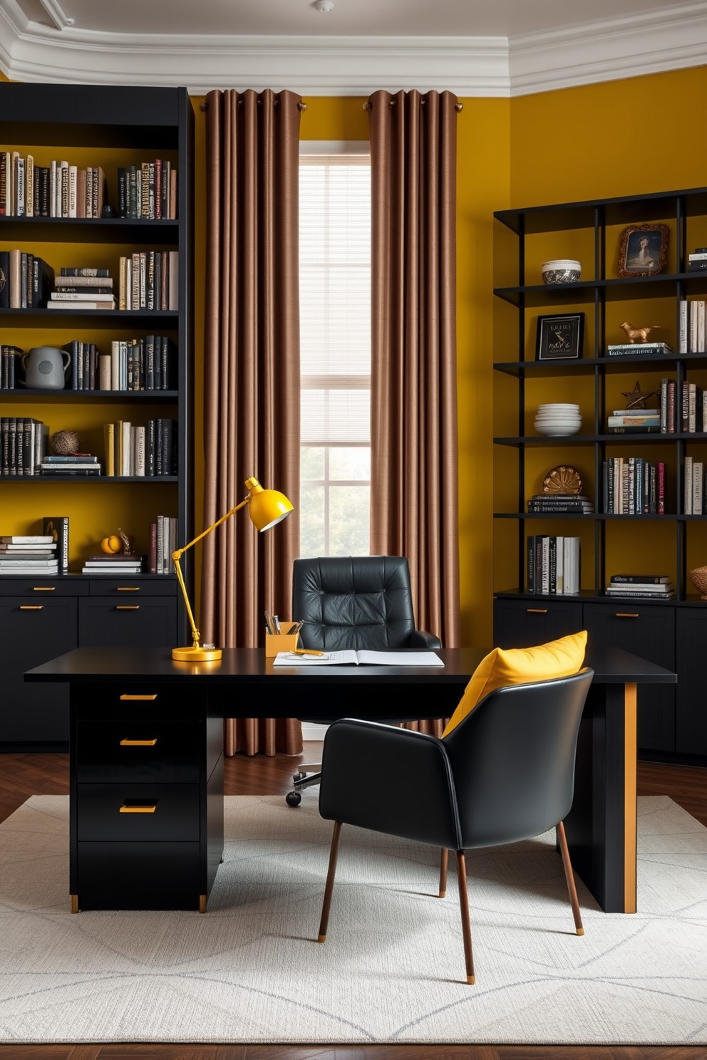 A sophisticated home office setting featuring a yellow and black color scheme. The walls are painted a vibrant yellow, while the furniture is a sleek black with gold accents. A large black desk sits in the center, adorned with a stylish yellow desk lamp and a minimalistic organizer. A comfortable black chair with yellow cushions complements the modern aesthetic, and a large bookshelf filled with books and decorative items lines one wall.