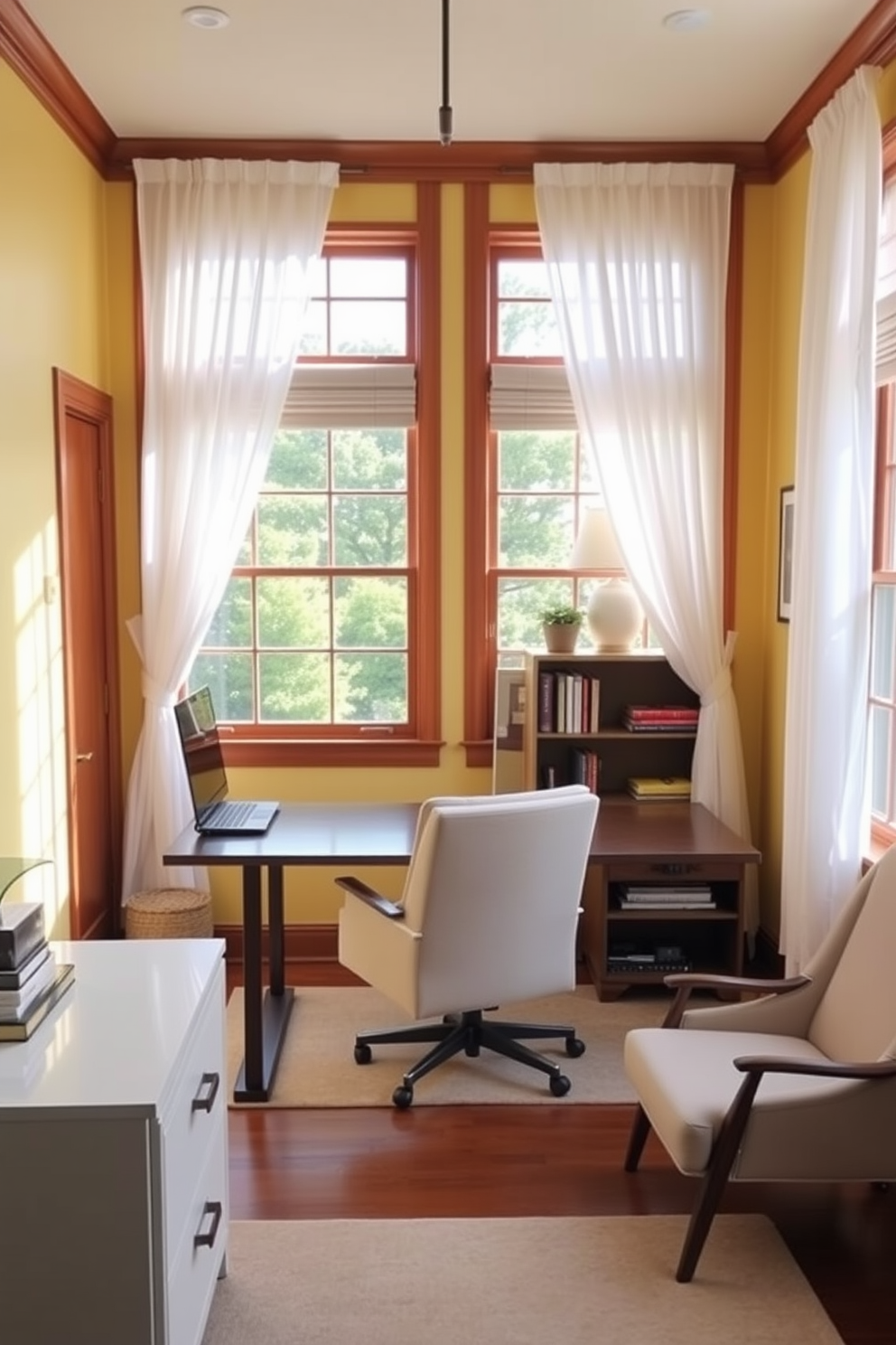 A bright and inviting home office featuring light yellow walls that create a warm atmosphere. The space is complemented by wooden accents in the furniture, including a sleek desk and comfortable chair, enhancing the overall aesthetic. Natural light floods the room through large windows adorned with sheer white curtains. A cozy reading nook with a plush armchair and a small bookshelf adds a touch of relaxation to the design.