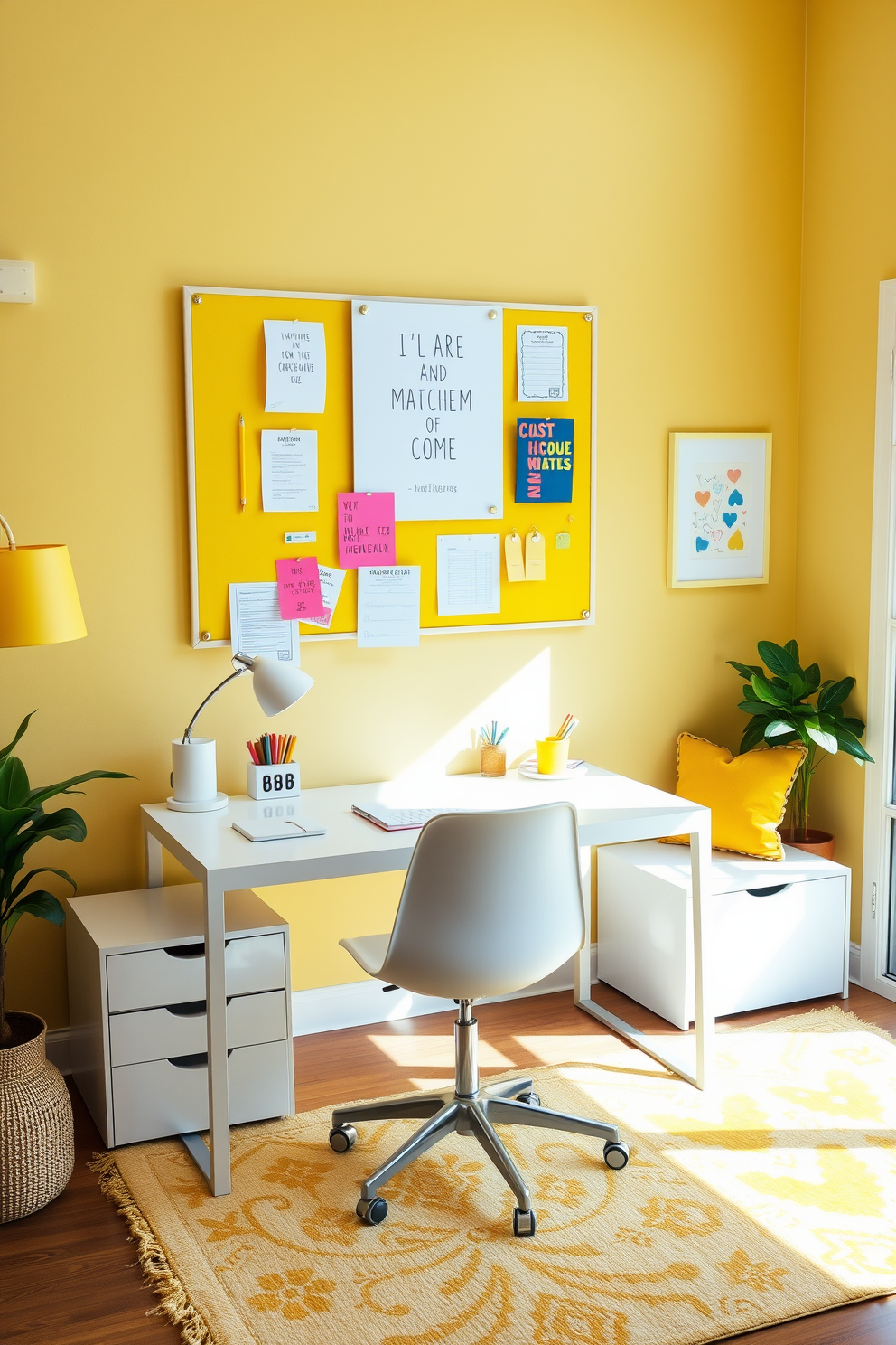 A bright yellow bulletin board is mounted on the wall, surrounded by inspirational artwork and colorful stationery. A sleek white desk with a modern chair sits beneath the board, providing a functional workspace filled with natural light. The home office features yellow accents throughout, including a cozy rug and decorative pillows on a small seating area. Large windows allow for ample sunlight, creating an inviting atmosphere that encourages creativity and productivity.