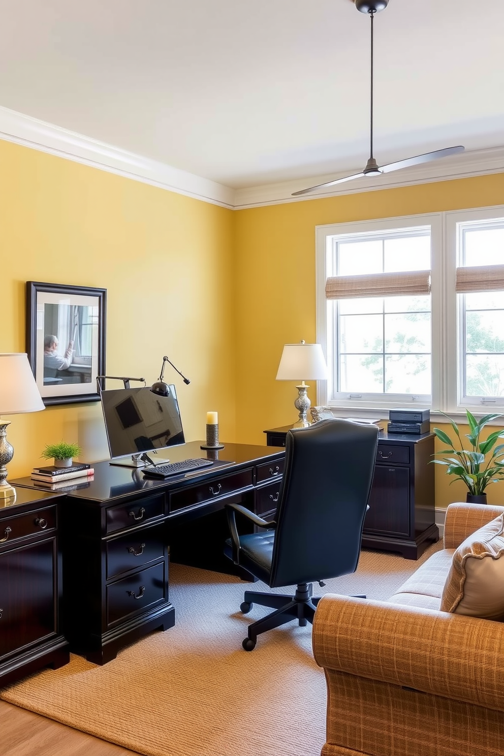 A cozy home office featuring soft yellow walls that create a warm and inviting atmosphere. The dark wood furniture adds a touch of elegance and sophistication to the space.