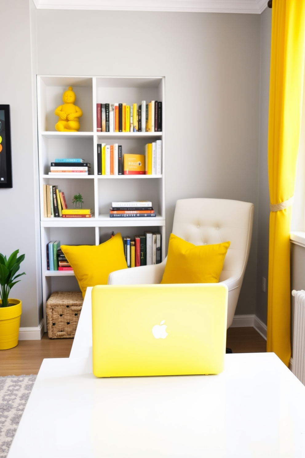 A bright yellow laptop case sits on a sleek white desk, adding a pop of color to the workspace. The home office features cheerful yellow accents, including a cozy chair and decorative pillows, creating an inviting atmosphere. The walls are painted in a soft gray, providing a modern backdrop for the vibrant yellow elements. A stylish bookshelf filled with colorful books complements the design, enhancing the overall playful vibe of the office.