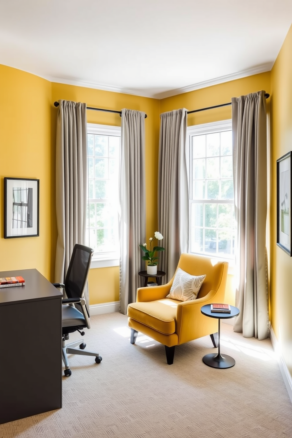 A serene home office featuring a yellow and gray color scheme. The walls are painted a soft yellow, complemented by gray furniture including a sleek desk and ergonomic chair. Natural light floods the space through large windows adorned with sheer gray curtains. A cozy reading nook is created with a yellow accent chair and a small side table, inviting relaxation and creativity.