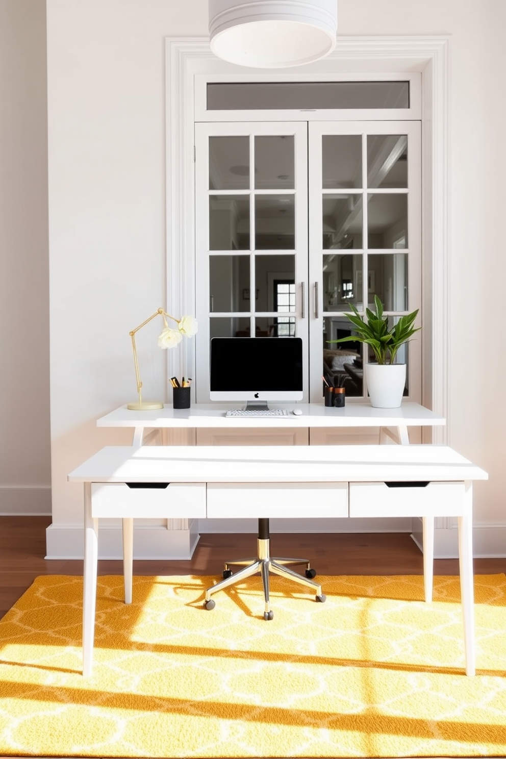 A bright home office setting featuring a modern desk positioned on a sunny yellow rug. The walls are painted in a soft white, creating a cheerful and inviting atmosphere.