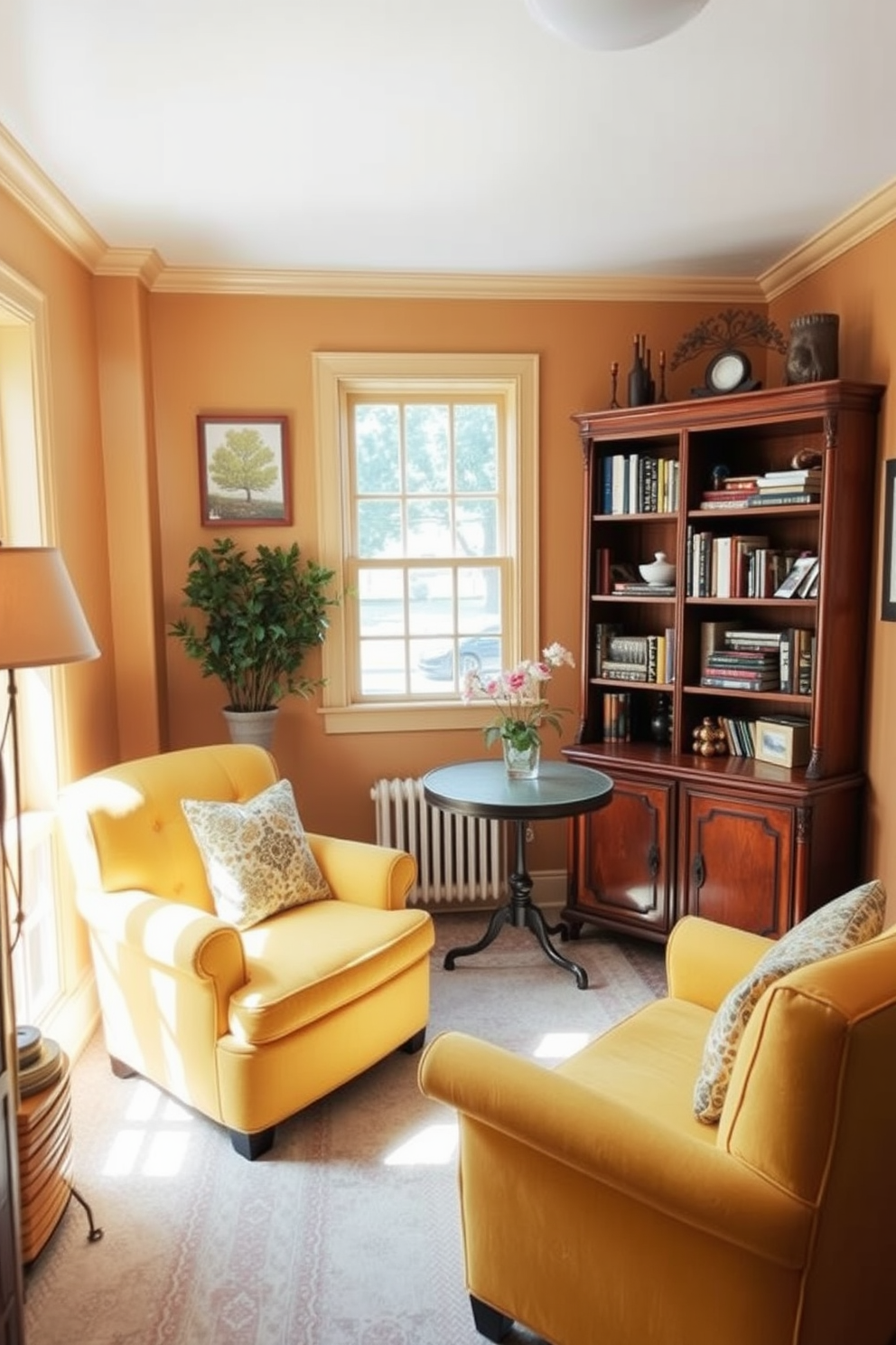 A cozy nook featuring vintage yellow furniture that invites relaxation and creativity. The space includes a plush yellow armchair and a small round table, surrounded by soft, natural light from a nearby window. The walls are adorned with warm, neutral tones that complement the vibrant yellow. A vintage bookshelf filled with books and decorative items adds character to the room.