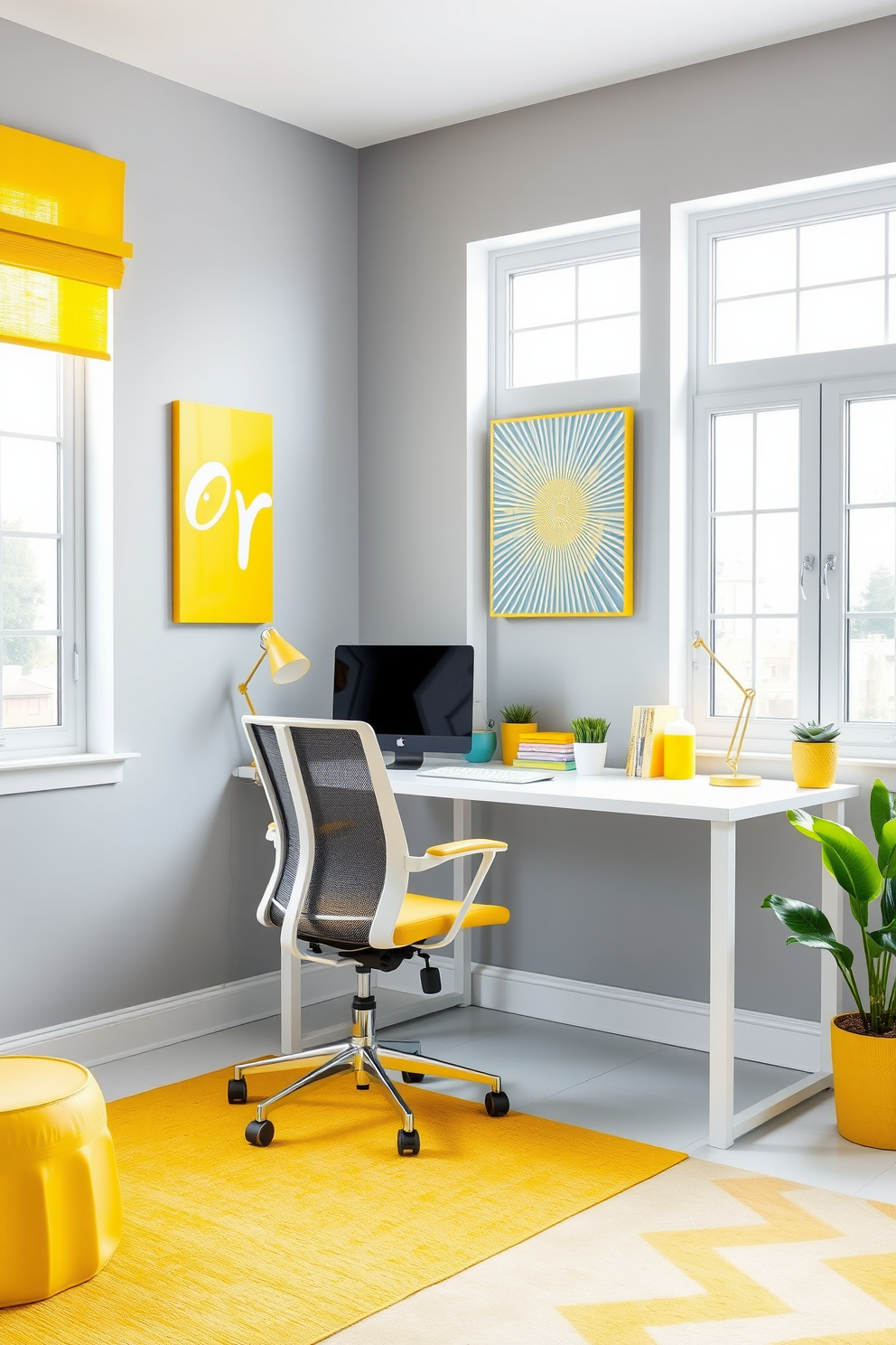 A bright and inviting home office space featuring a sleek white desk paired with a comfortable ergonomic chair. Yellow accessories such as a vibrant desk lamp, a cheerful wall art piece, and a stylish rug add a lively pop of color to the room. The walls are painted in a soft gray hue, providing a neutral backdrop that enhances the yellow accents. Large windows allow natural light to flood the space, creating an uplifting and productive atmosphere.