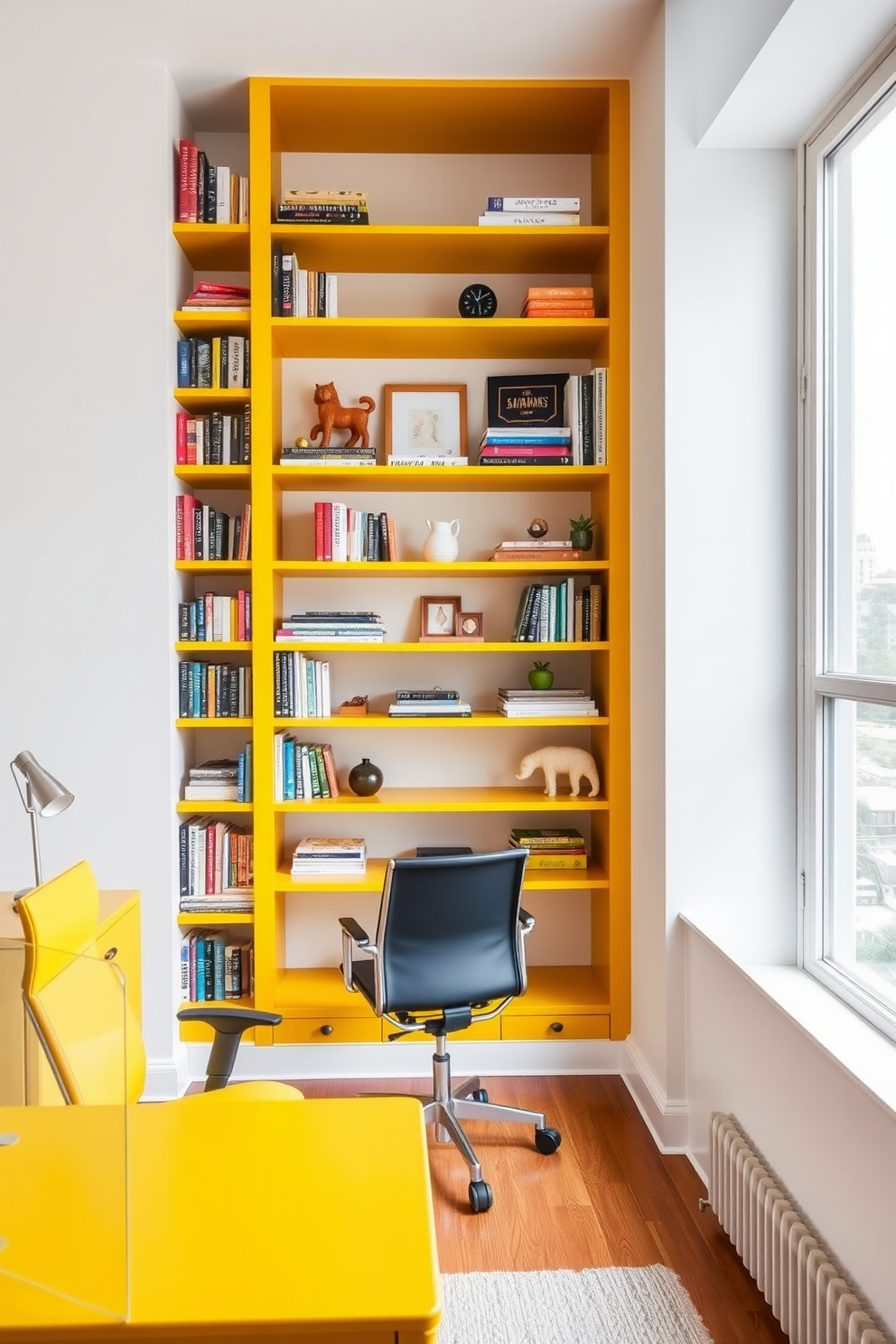 A bold yellow bookshelf stands out against a crisp white backdrop, creating a vibrant focal point in the room. The shelves are filled with an eclectic mix of books and decorative items, adding personality and charm. In the home office, a sleek yellow desk complements the bookshelf, paired with a comfortable ergonomic chair. Large windows allow natural light to flood the space, enhancing the cheerful atmosphere while inspiring productivity.