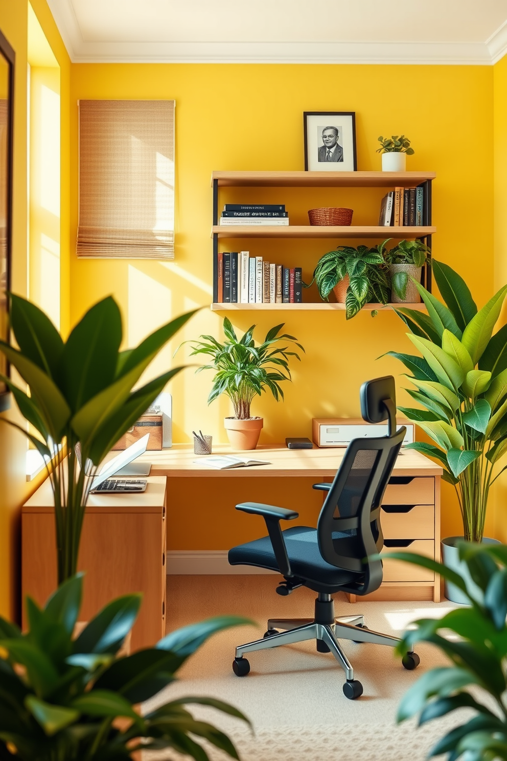 A bright and inviting home office features light yellow walls that create a warm and cheerful atmosphere. Lush green plants are strategically placed around the room, adding a touch of nature and freshness to the space. A sleek wooden desk sits against one wall, complemented by a comfortable ergonomic chair. Shelves above the desk are filled with books and decorative items, enhancing the personalized feel of the office.