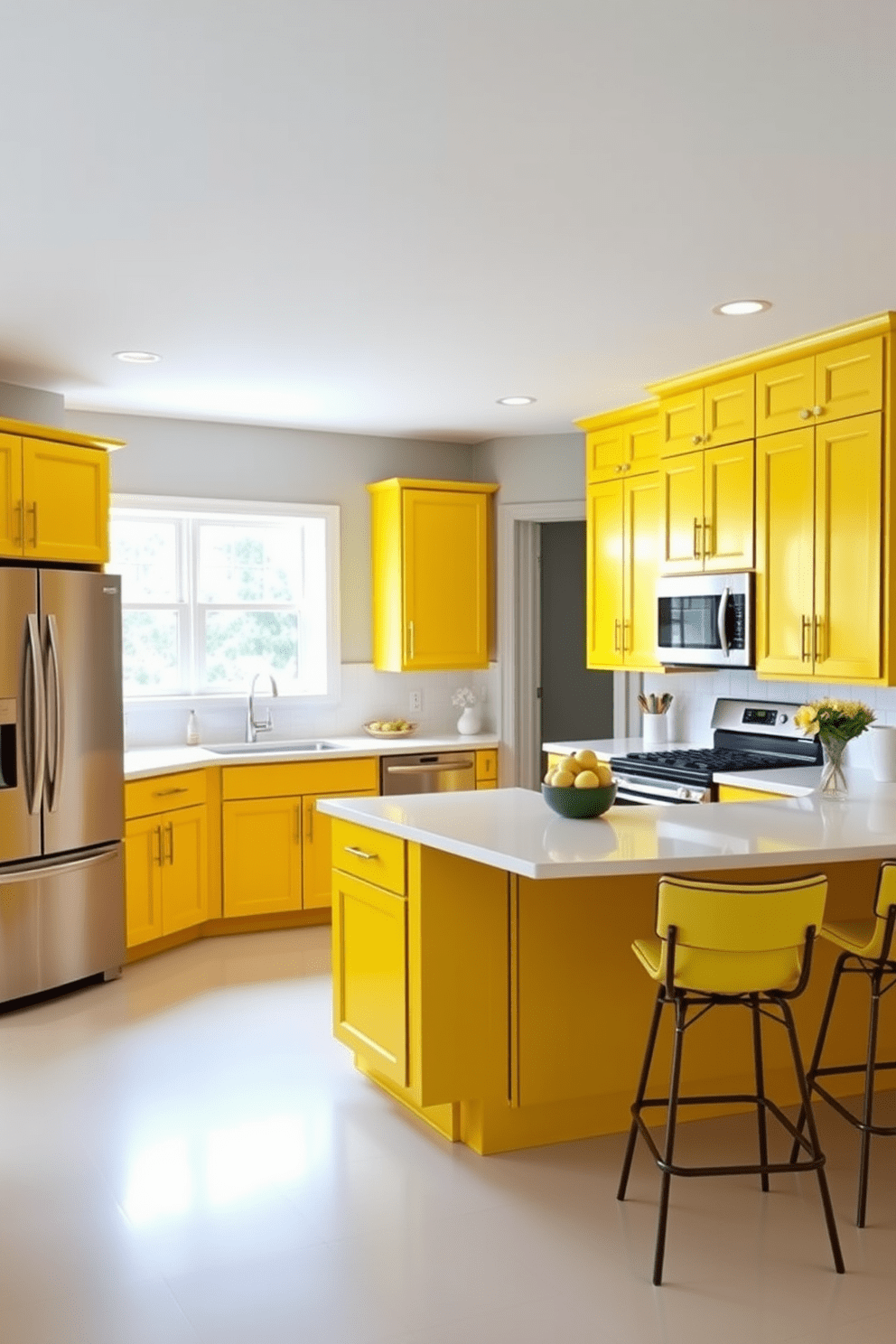 Bright yellow cabinets with white countertops create a vibrant and cheerful atmosphere. The kitchen features sleek appliances and a spacious island, perfect for entertaining and meal preparation. The walls are painted in a soft gray to balance the bold cabinetry. Stylish bar stools in a complementary color offer seating at the island, enhancing the kitchen's functionality and aesthetic appeal.