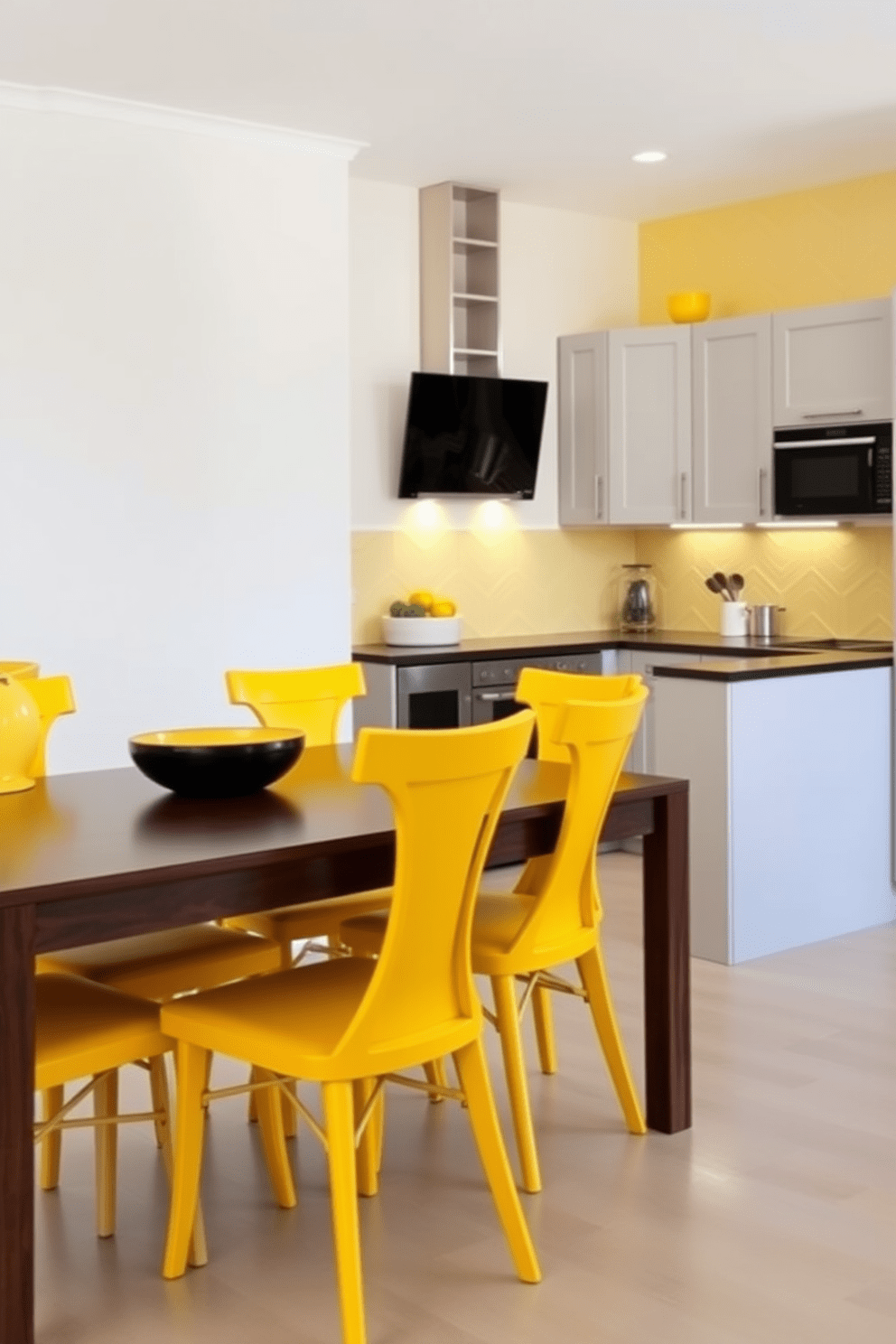 Bright yellow dining chairs are placed around a dark wooden table, creating a striking contrast in the dining area. The walls are painted in a soft white hue, enhancing the vibrancy of the chairs and the richness of the table. The kitchen features sleek cabinetry in a light gray finish, complementing the yellow accents throughout the space. A stylish backsplash with geometric patterns adds visual interest, while modern appliances provide functionality and style.