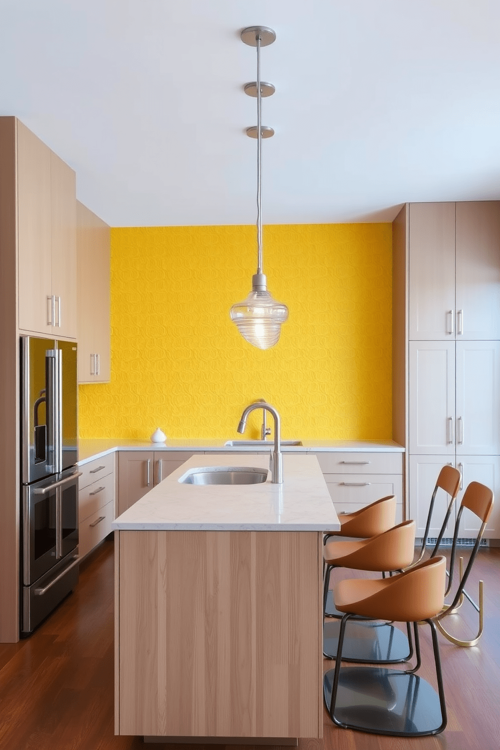 Textured yellow wallpaper creates a vibrant backdrop that adds warmth and depth to the space. The kitchen features sleek cabinetry with a modern finish, complemented by stainless steel appliances that enhance its contemporary look. A spacious island with a quartz countertop serves as the centerpiece, perfect for both cooking and entertaining. Pendant lights hang gracefully above the island, providing both task lighting and a stylish focal point.