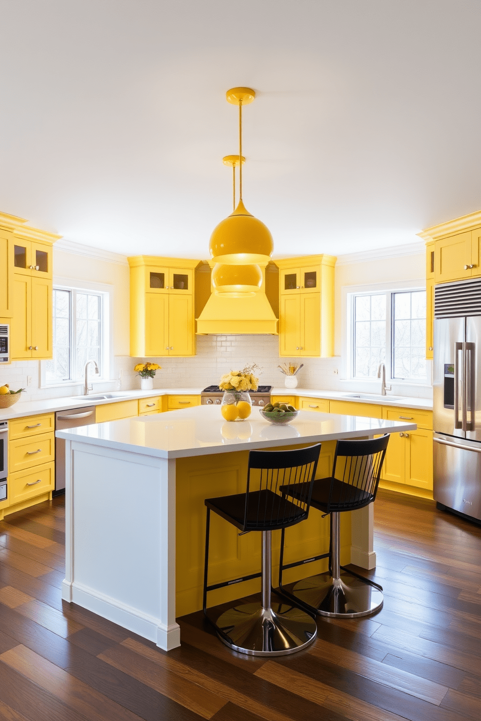 A bright and cheerful kitchen featuring yellow pendant lights hanging gracefully over a spacious kitchen island. The island is adorned with white quartz countertops and surrounded by stylish bar stools, creating a welcoming atmosphere for gatherings. The cabinetry is painted in a soft yellow hue, complemented by sleek stainless steel appliances. Large windows allow natural light to flood the space, enhancing the vibrant color palette and making the kitchen feel warm and inviting.