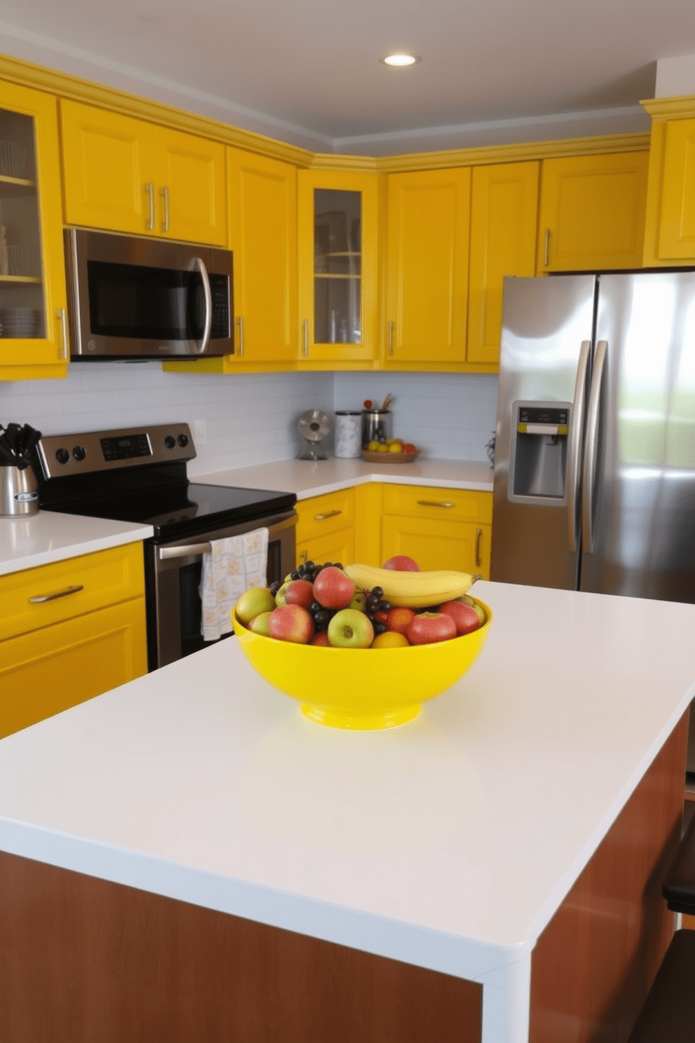 A vibrant yellow fruit bowl sits as the centerpiece on a sleek white kitchen island. Surrounding the bowl, the kitchen features bright yellow cabinets, complemented by stainless steel appliances and a light gray backsplash.