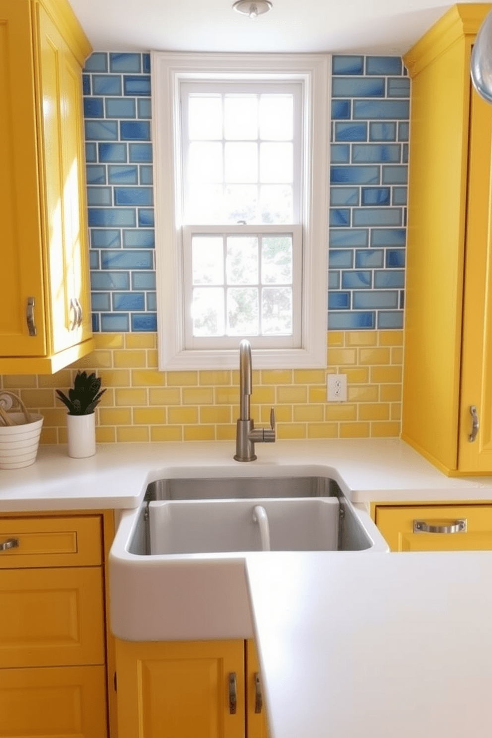 A bright and inviting kitchen featuring a yellow and blue color scheme. The cabinets are painted a cheerful yellow, while the backsplash displays vibrant blue tiles that add a fresh touch. The countertops are a sleek white, providing a clean contrast to the bold colors. A farmhouse sink with a brushed nickel faucet is centered under a window that lets in natural light, enhancing the kitchen's warmth.