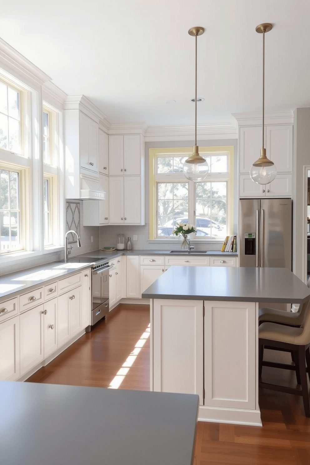 A bright and inviting kitchen featuring white cabinetry accented with subtle yellow trim. The space includes a large island with bar seating, complemented by stylish pendant lights overhead. Natural light floods the room through large windows, enhancing the cheerful atmosphere. The countertops are a sleek gray, providing a modern contrast to the warm cabinetry.