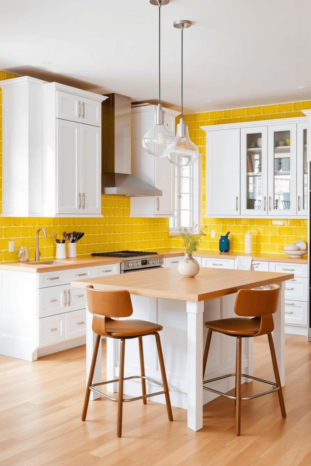 A vibrant kitchen featuring a yellow tile backsplash adorned with geometric patterns creates a lively atmosphere. The cabinetry is a sleek white, contrasting beautifully with the bright tiles and enhancing the overall brightness of the space. A spacious island with a light wood countertop serves as the centerpiece, surrounded by stylish bar stools. Pendant lights with a modern design hang above the island, adding a touch of elegance to this cheerful kitchen setting.