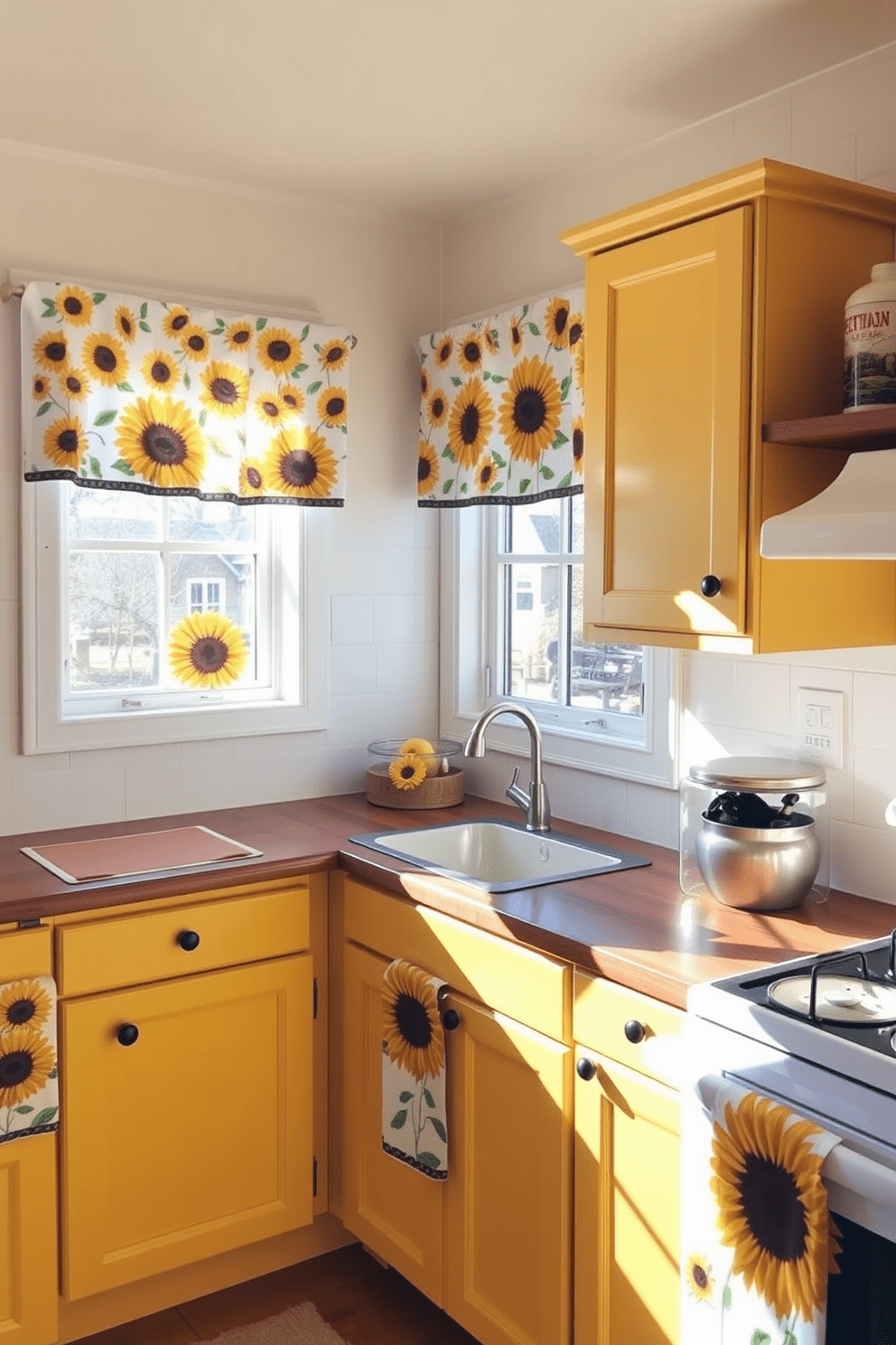 A cheerful kitchen featuring lively sunflower motifs in the textiles. The walls are painted a soft cream color, complementing the bright yellow cabinetry and rustic wooden accents. The countertops are adorned with sunflower-patterned curtains and matching dish towels. Sunlight streams in through a window, illuminating the vibrant colors and creating a warm and inviting atmosphere.