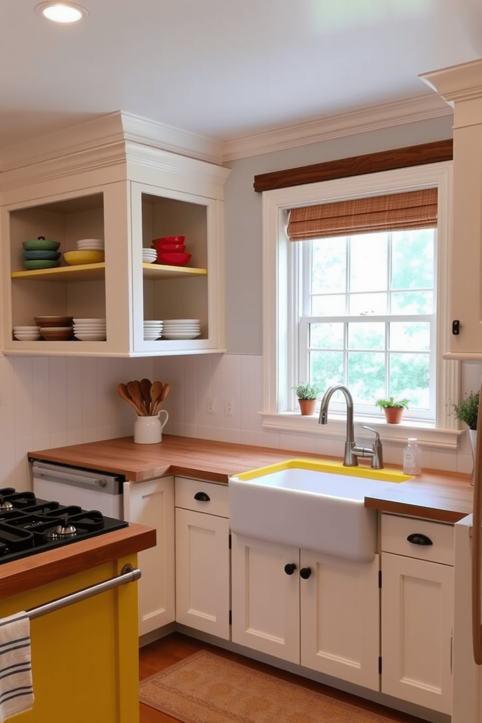 A charming kitchen featuring a yellow farmhouse sink that adds a warm rustic touch to the space. The cabinets are painted in a soft white, complemented by wooden accents and open shelving displaying colorful dishware. The countertops are made of butcher block, providing a natural contrast to the bright sink. A large window above the sink allows natural light to flood the room, enhancing the cheerful atmosphere.