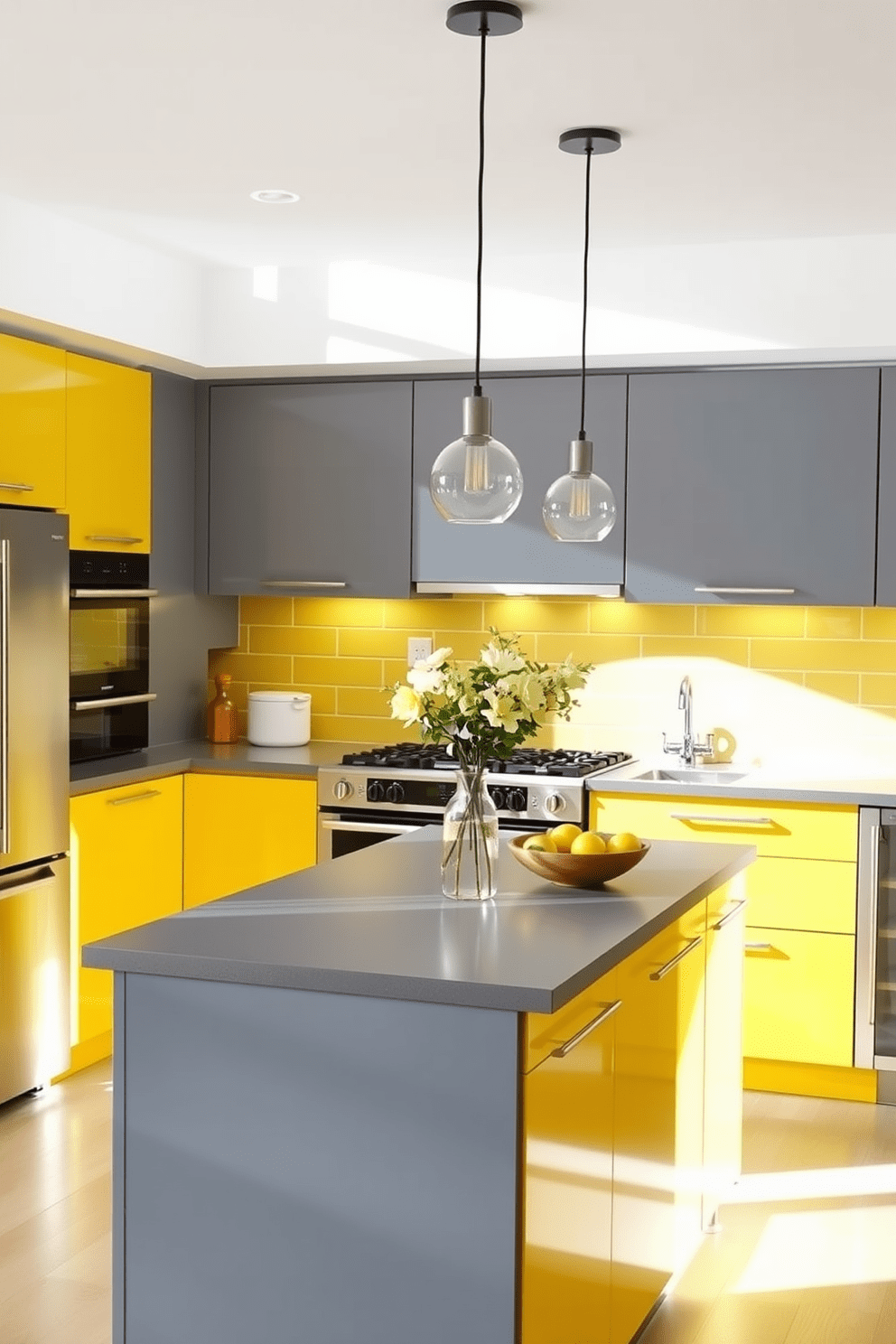 A bright and cheerful kitchen features a sunny yellow backsplash that energizes the space. Gray accents on the cabinetry and countertops create a modern contrast, enhancing the overall design. The kitchen island is topped with a sleek gray surface, providing both functionality and style. Pendant lights with a contemporary design hang above the island, adding a touch of elegance to the sunny atmosphere.